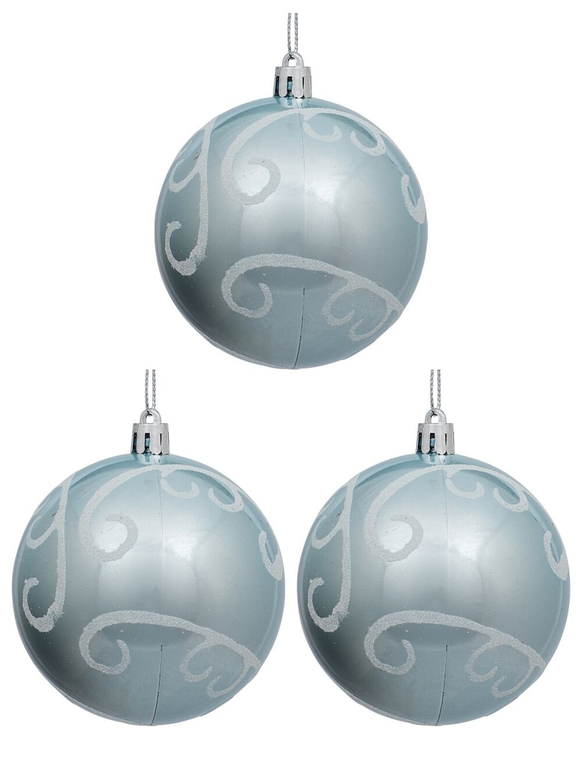 3x Dynamic Ice Blue Statement White Glitter Swirl Baubles | 80mm