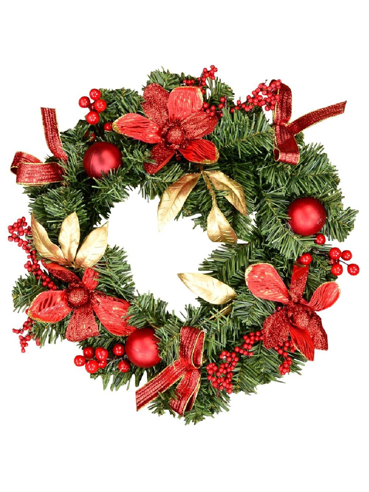 40cm Red Poinsettia Christmas Wreath With Gold Leaves, Berries & Ribbon