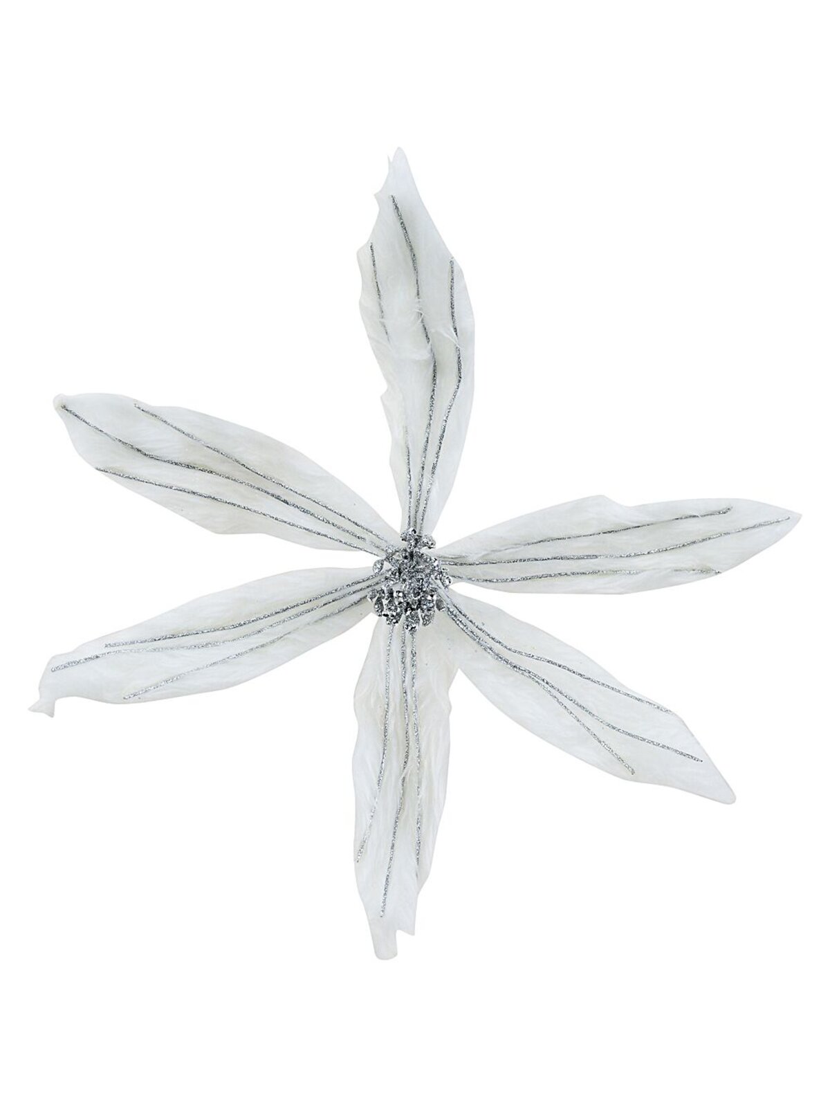 White Faux Fur & Silver Glitter Poinsettia Christmas Tree Clip Pick | 40cm