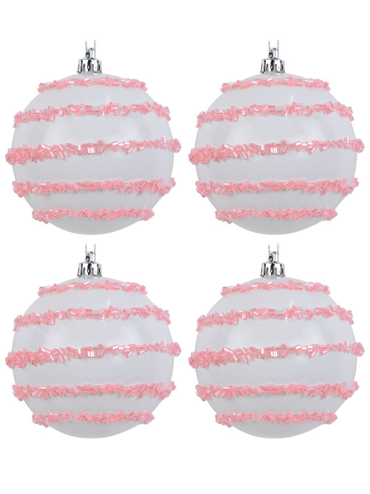 4x Dynamic White & Pink Statement Beaded Stripe Baubles | 80mm