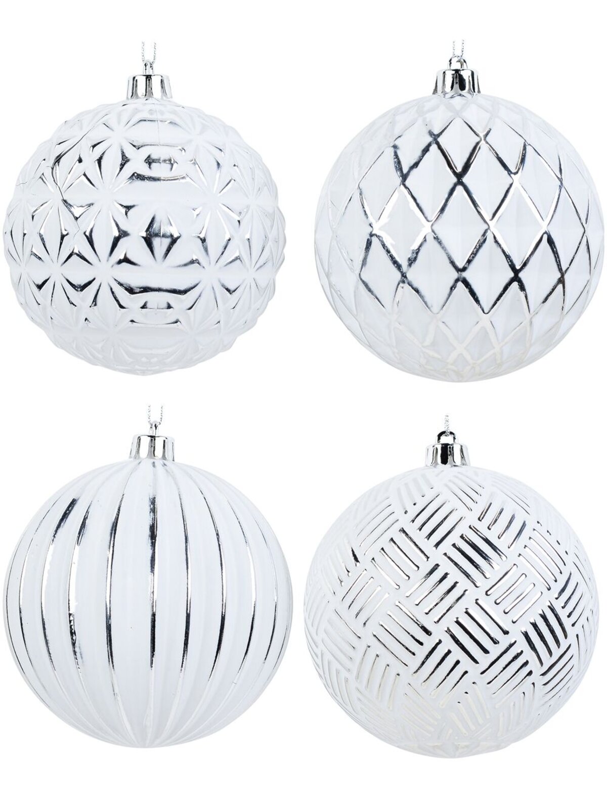 4x Dynamic White & Silver Signature Multi Textured Baubles | 10cm