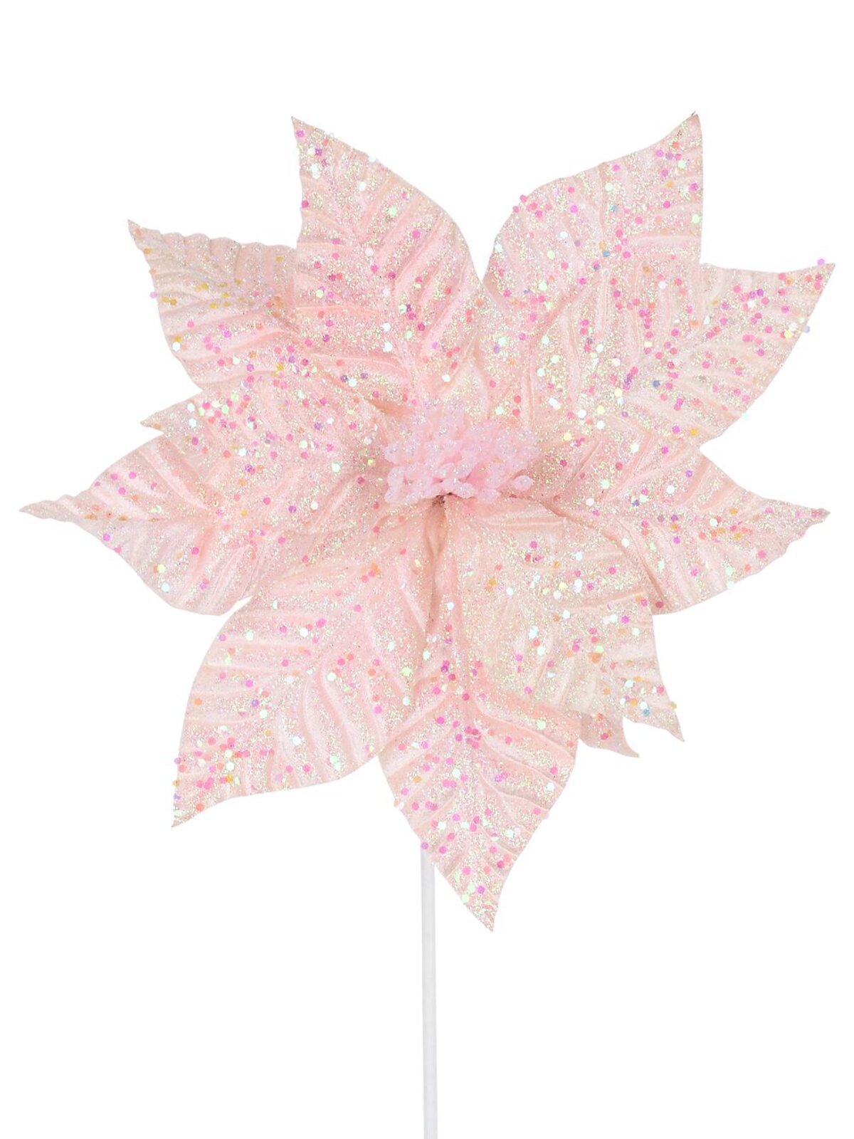 Fairy Floss Pink Poinsettia With Iridescent Sequins Long Christmas Stem | 55cm