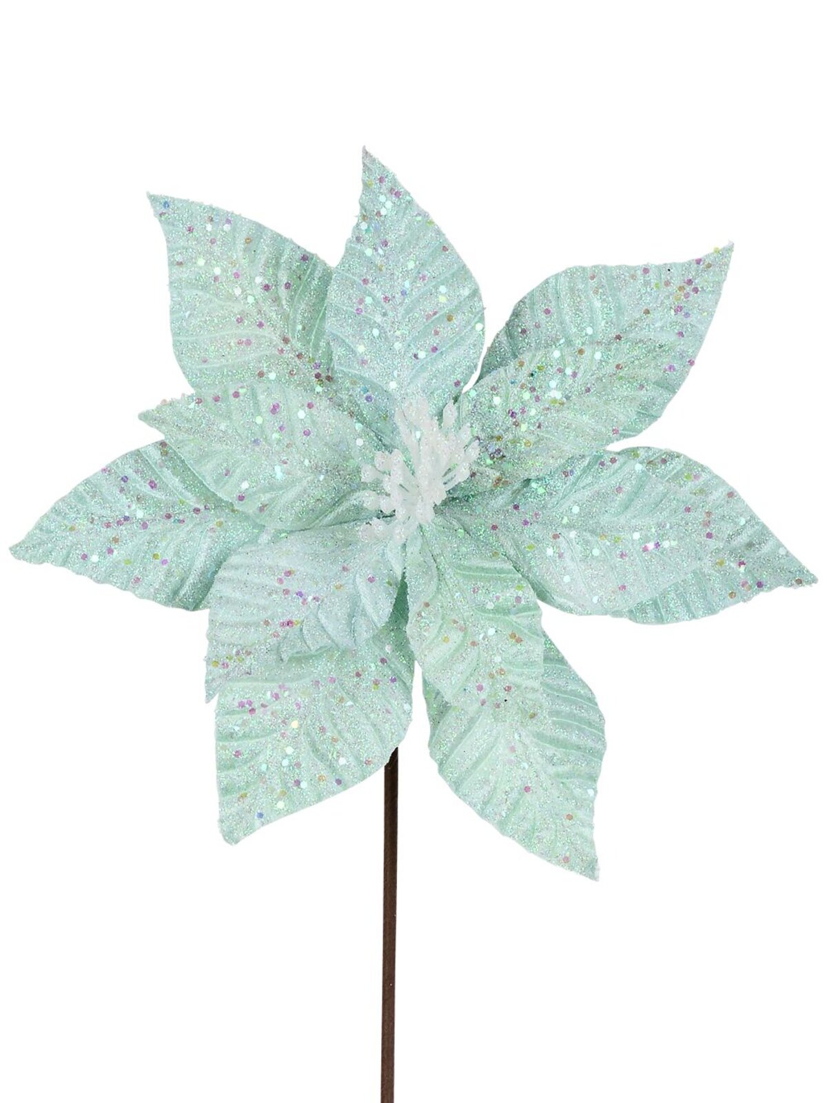 Fairy Floss Turquoise Poinsettia With Sequins Long Christmas Stem | 55cm