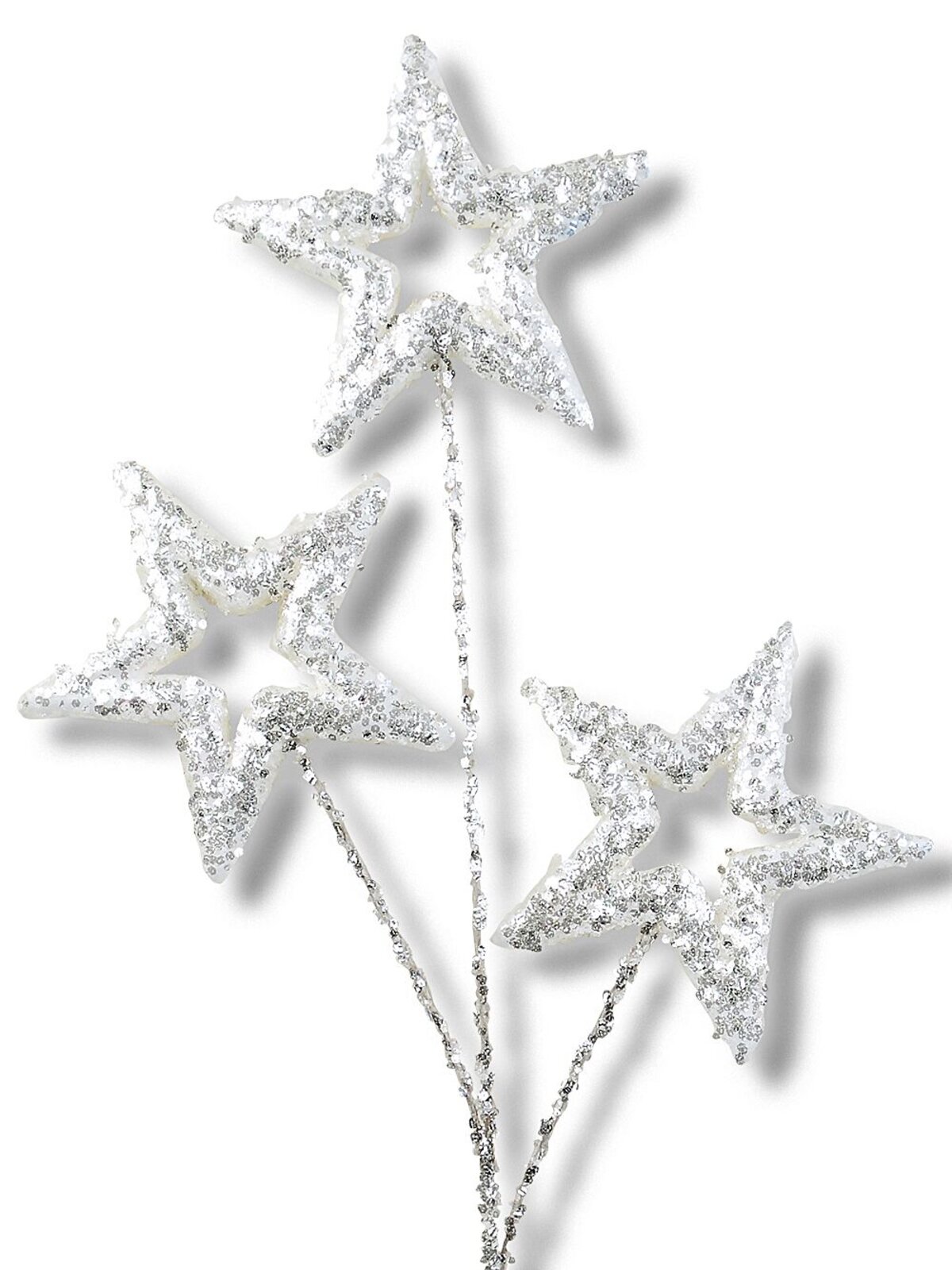 White Stars With Silver Glitter Spray Long Christmas Stem | 57cm