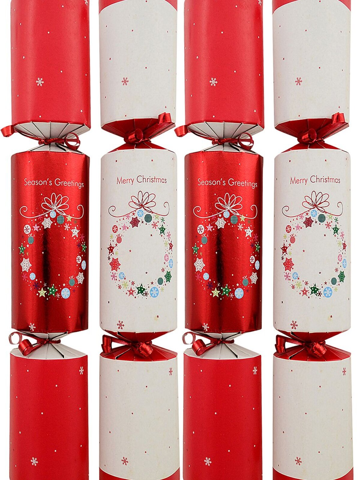 6x 29cm Shiny Red & White With Text & Wreath Christmas Cracker Bon Bons