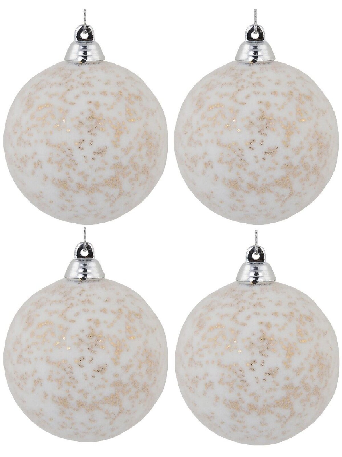 6x 60mm White Furry Foam Christmas Baubles With Champagne Flecks