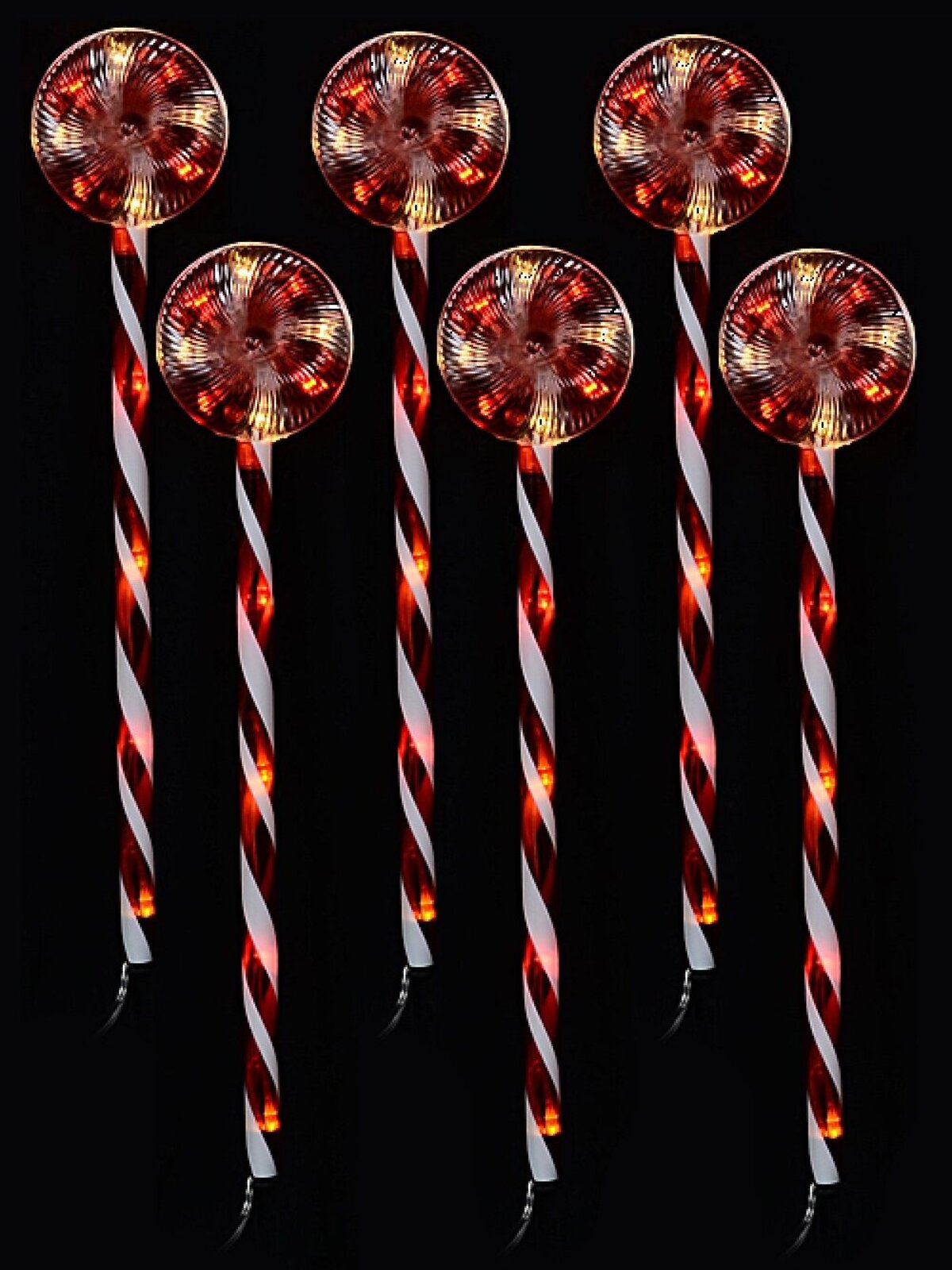 6x LED Christmas Lollipop Path Lights - Red & White Candy Swirl Stakes | 50cm