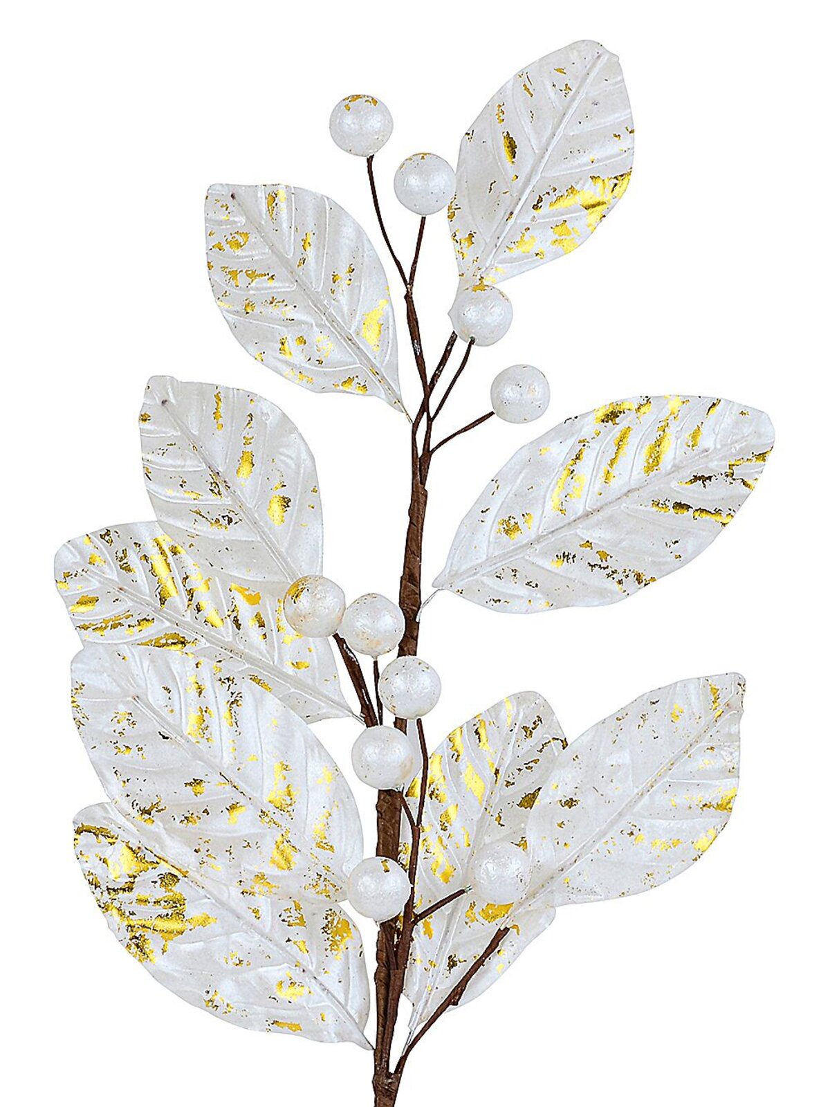 White & Gold Magnolia Leaf & Berry Spray Long Christmas Stem | 78cm