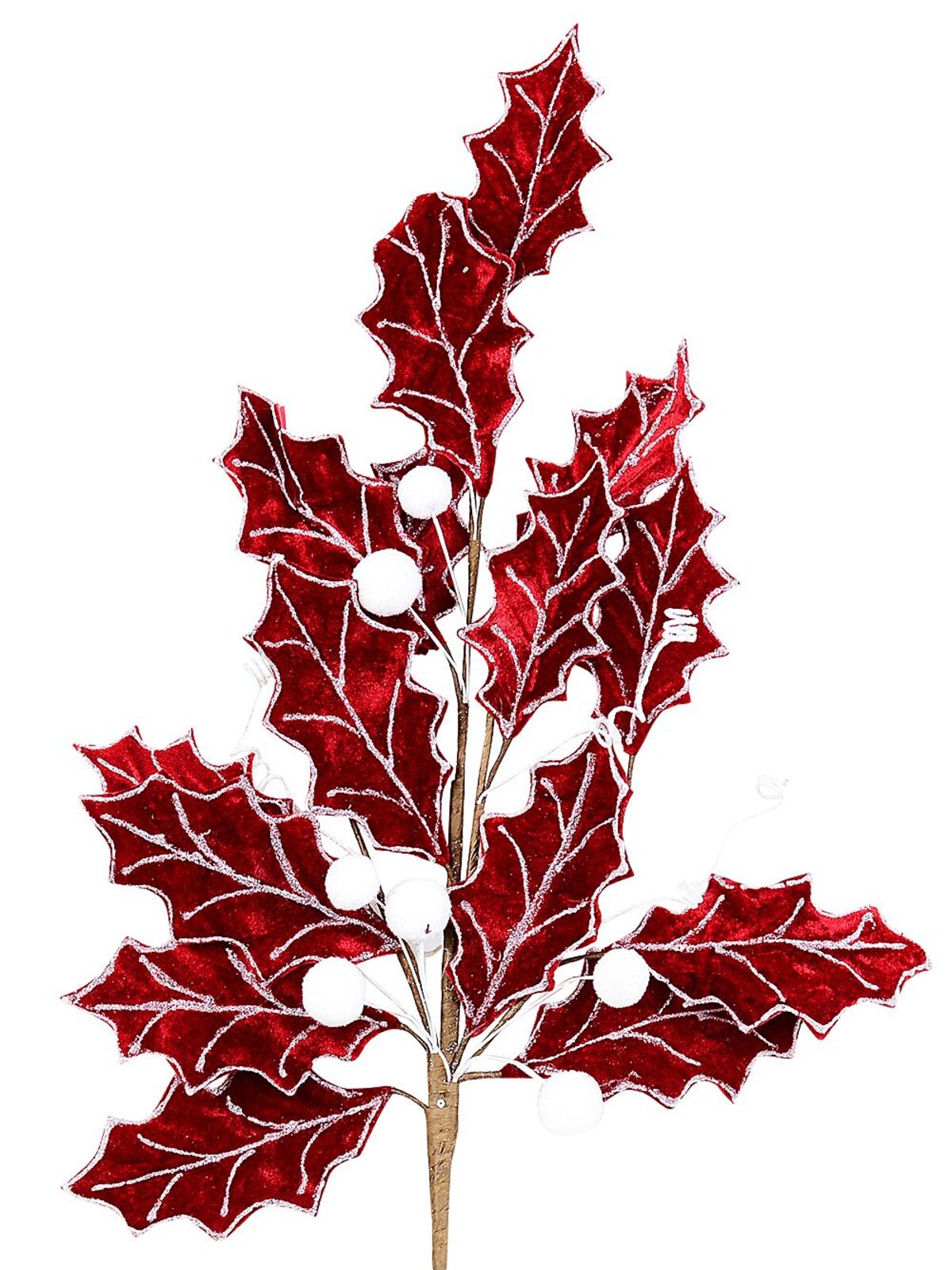 Red Velvet Holly Leaf & Snow Berries Christmas Stem | 80cm