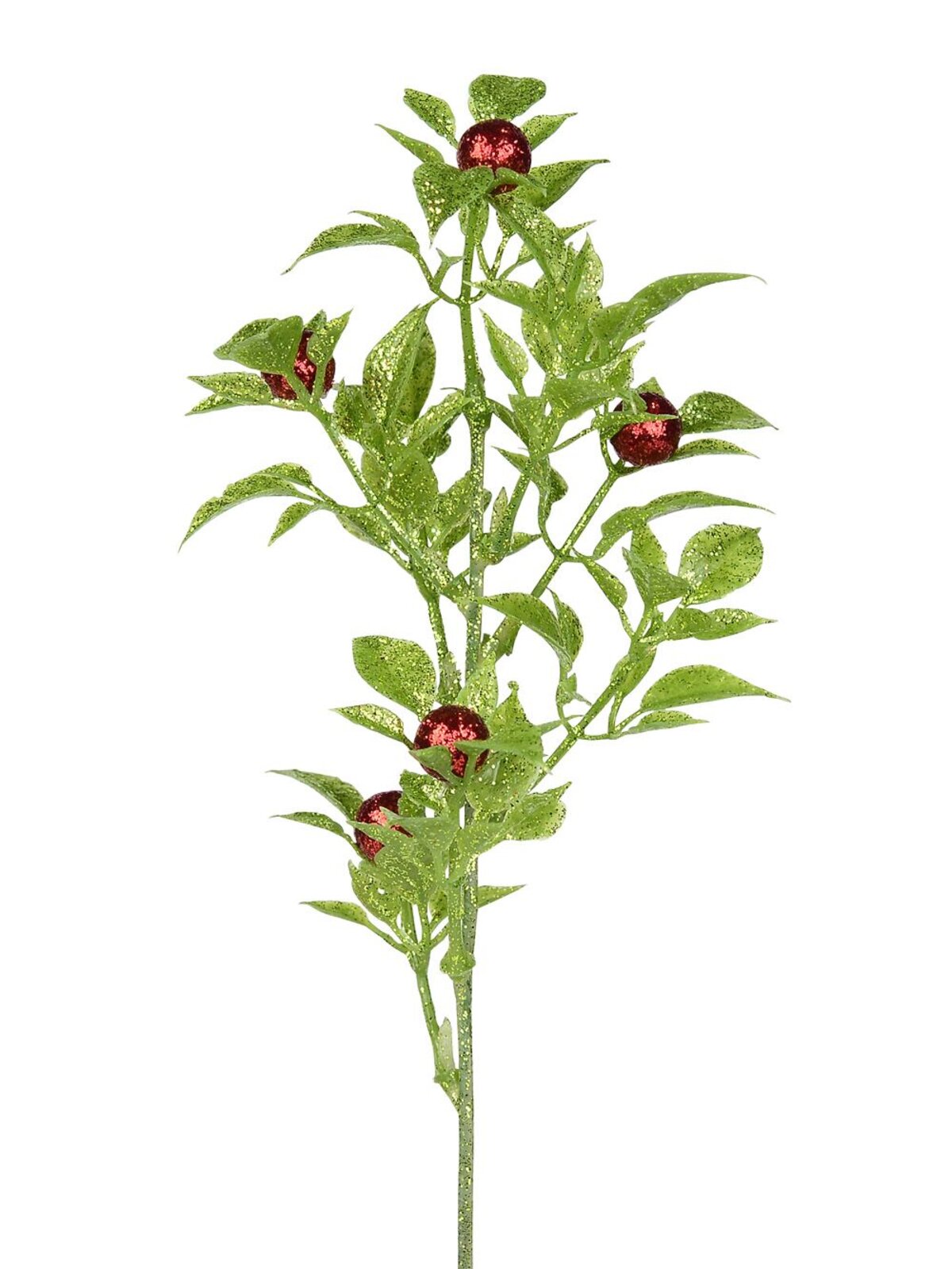 Apple Green Glittered Leaves Pick with Red Berries - 30cm