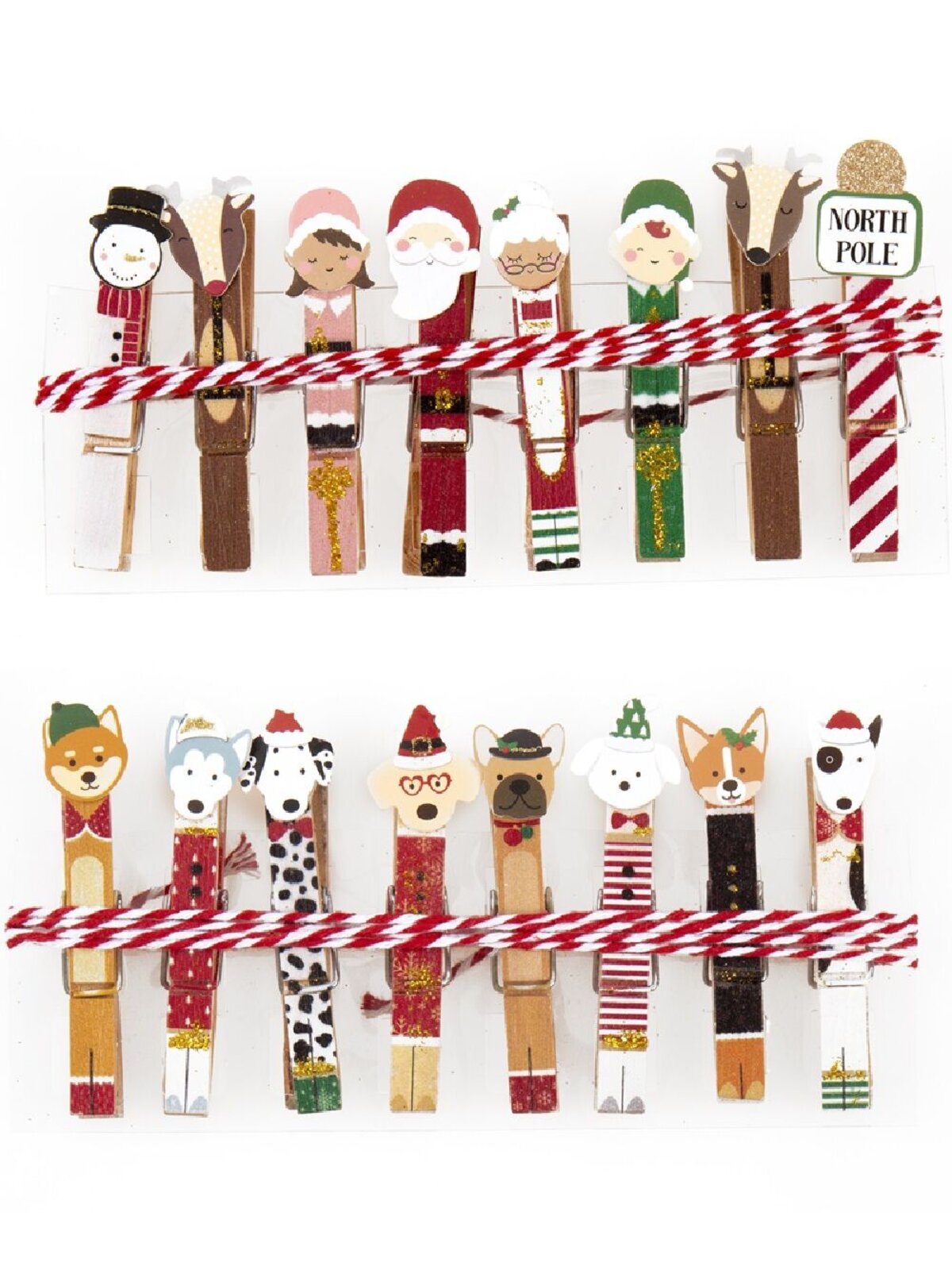 Assorted 8x 1.5m Wooden Christmas Icon Or Puppy Dog Pegs String