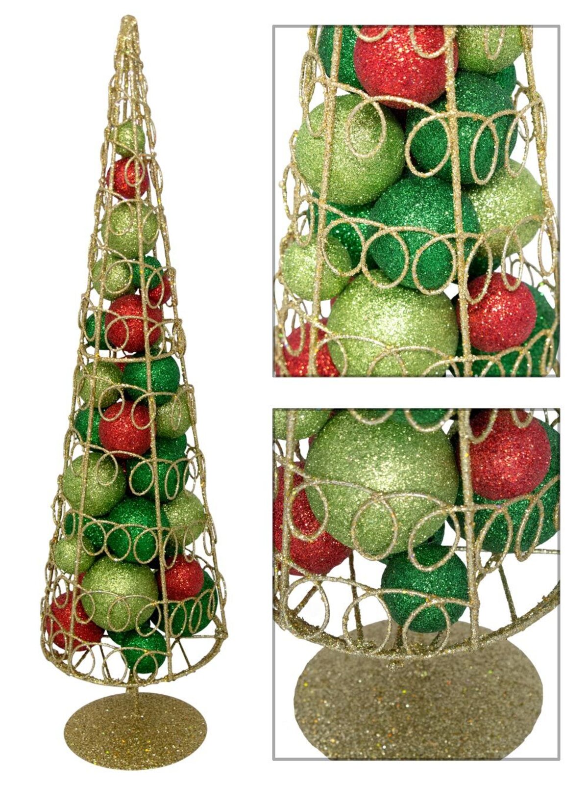Bauble Filled Gold Glitter Wire Cone Table Top Tree - 45cm