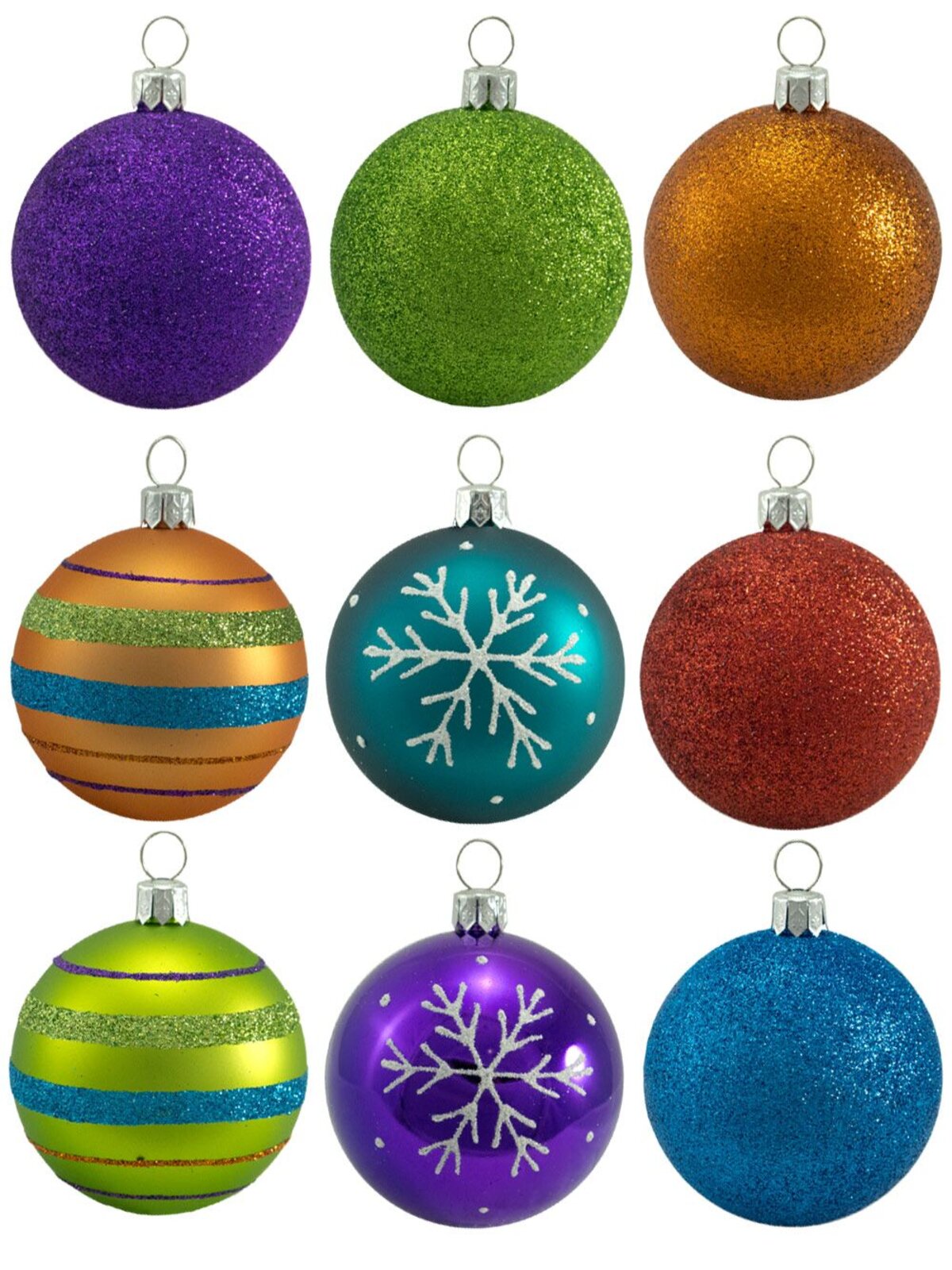 Bright & Glittered Coloured Christmas Tree Bauble Decorations - 9 x 60mm