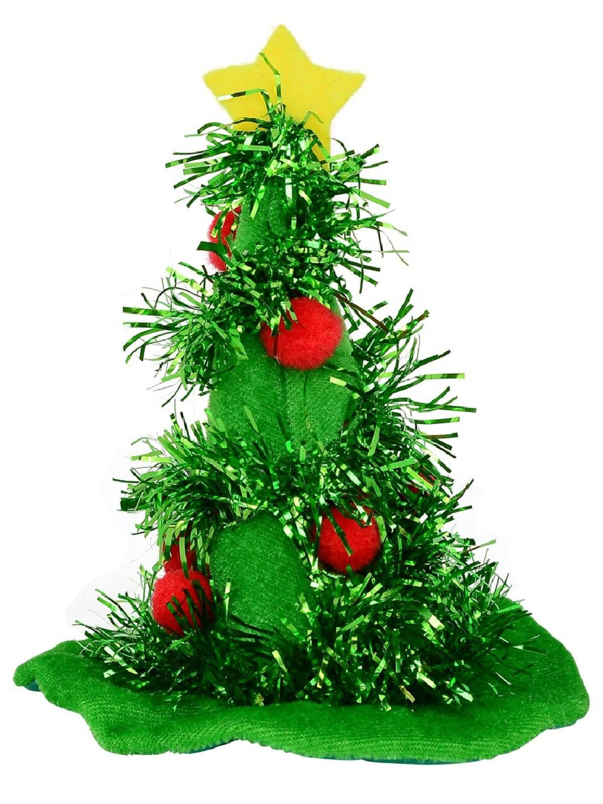 Christmas Tree Hat Hairpin With Tinsel, Balls & Star Decorations - 15cm