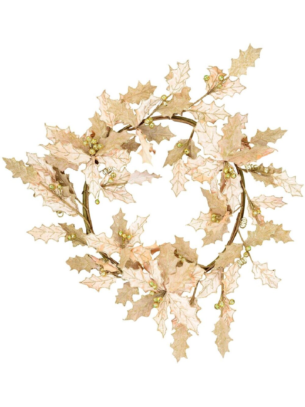 Decorative Two Leaf Style Pink Holly With Gold Berries Wreath - 60cm