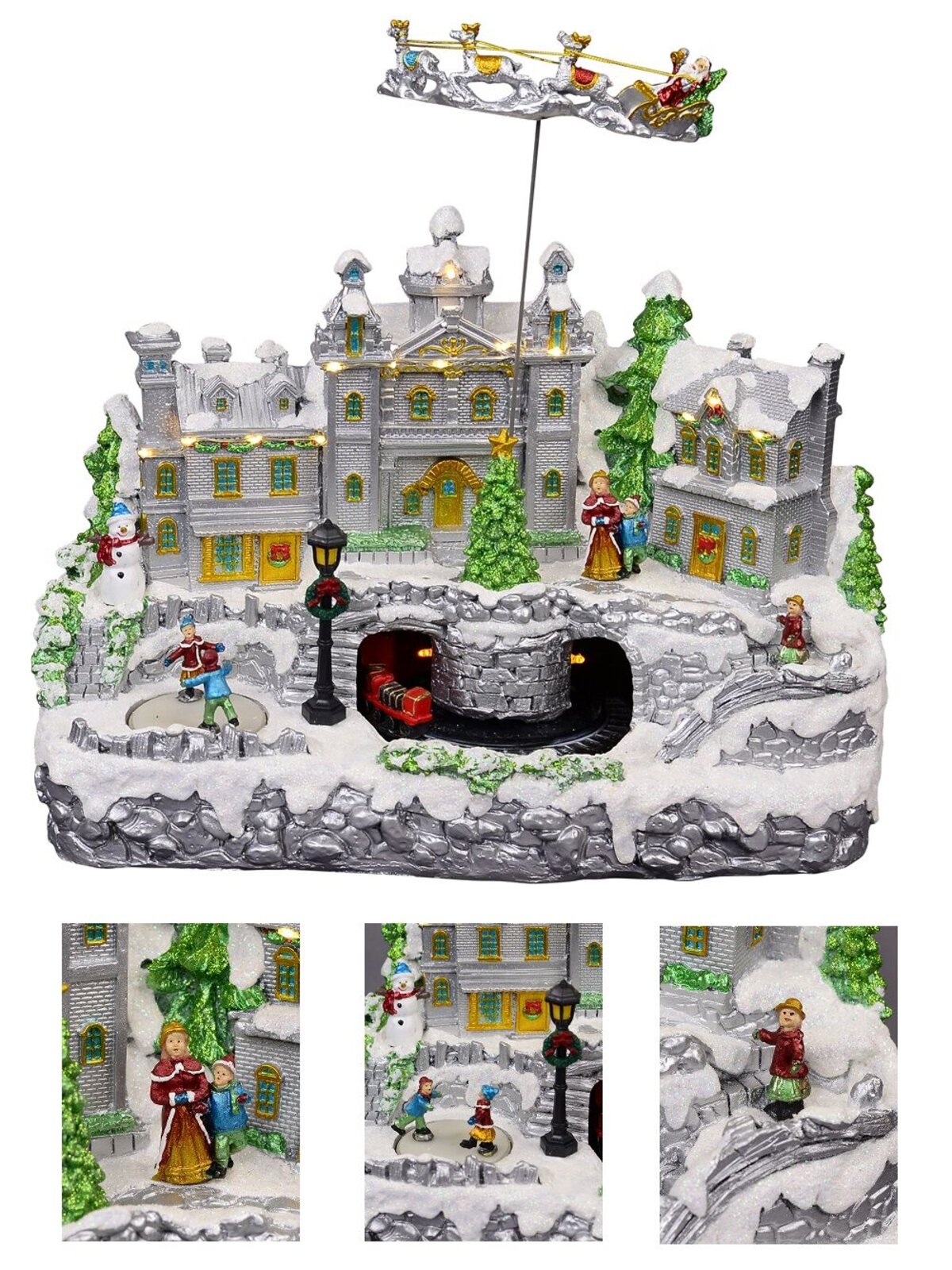 Flying Santa & Reindeer Over Snowy Winter Christmas Village Scene - 38cm