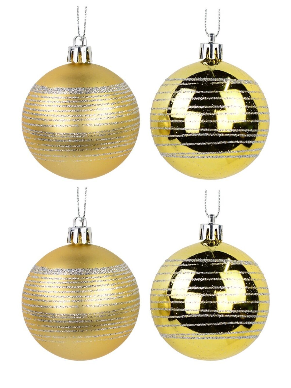 Gold Matte & Gloss With Silver Glitter Stripes Baubles - 12 x 60mm