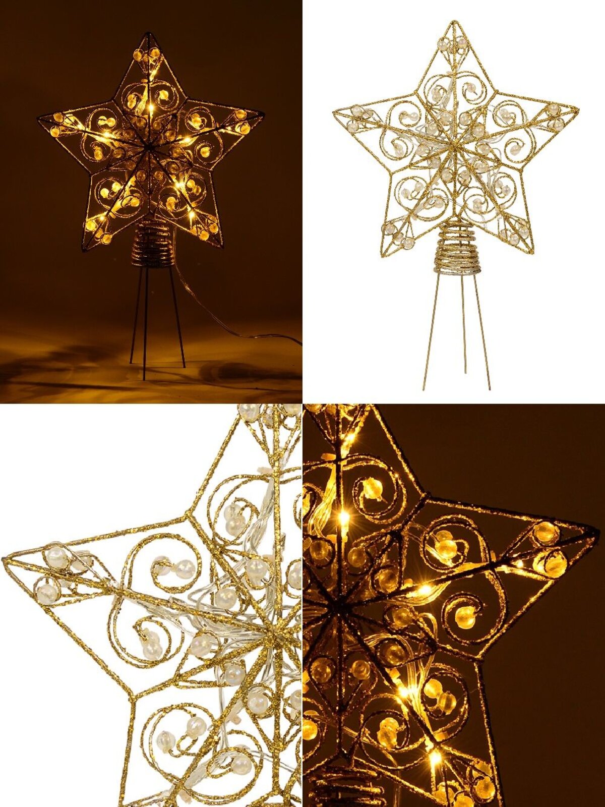 Gold Star With Beads Illuminated Warm White Tree Topper Ornament - 21cm