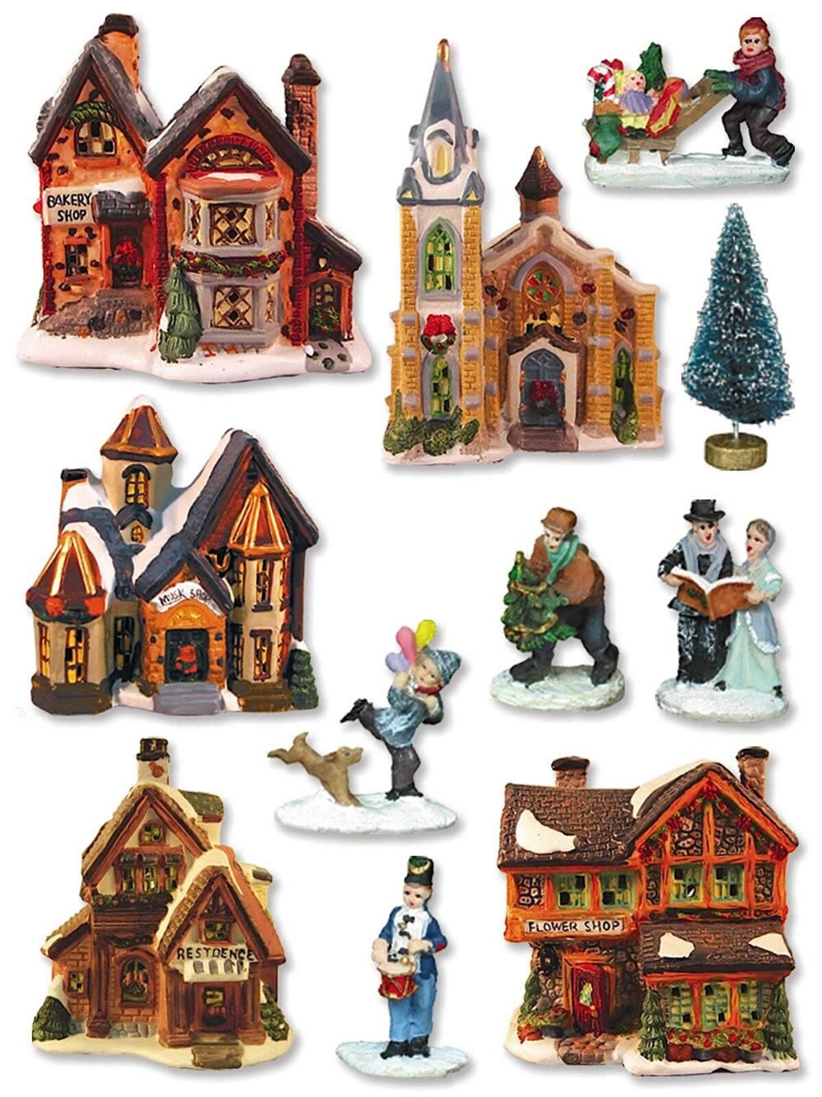 Illuminated 5 House & Church With 6 Figurines Village Scene - 2.6m