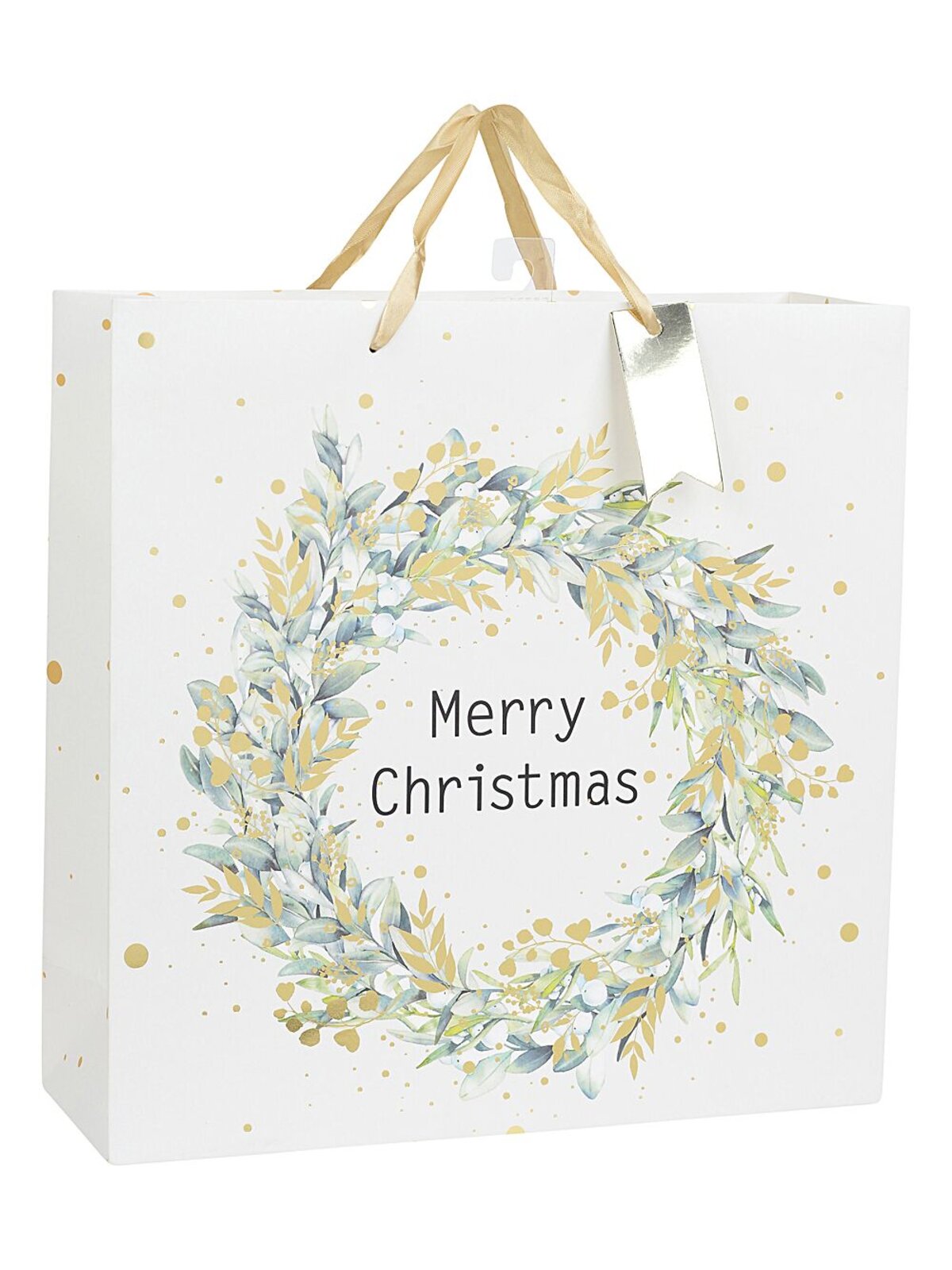 Medium Eggshell White Gift Bag With Merry Christmas & Foliage Wreath Print