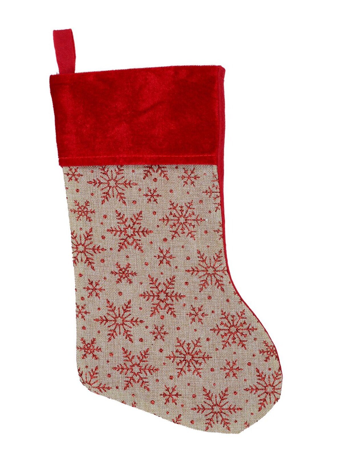Natural Burlap With Glittered Snowflakes Pattern Christmas Stocking - 42cm