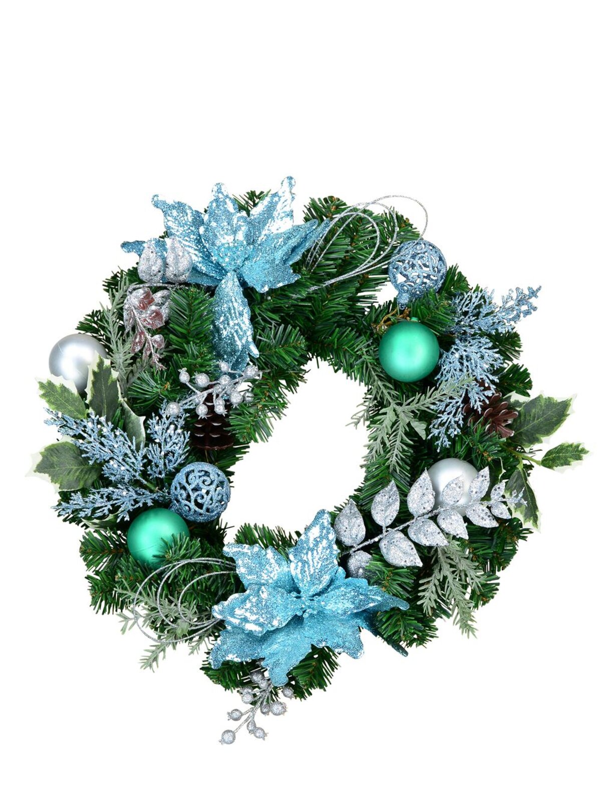 Pre-Decorated Blue Poinsettia, Pine Cone, Foliage & Baubles Pine Wreath - 45cm