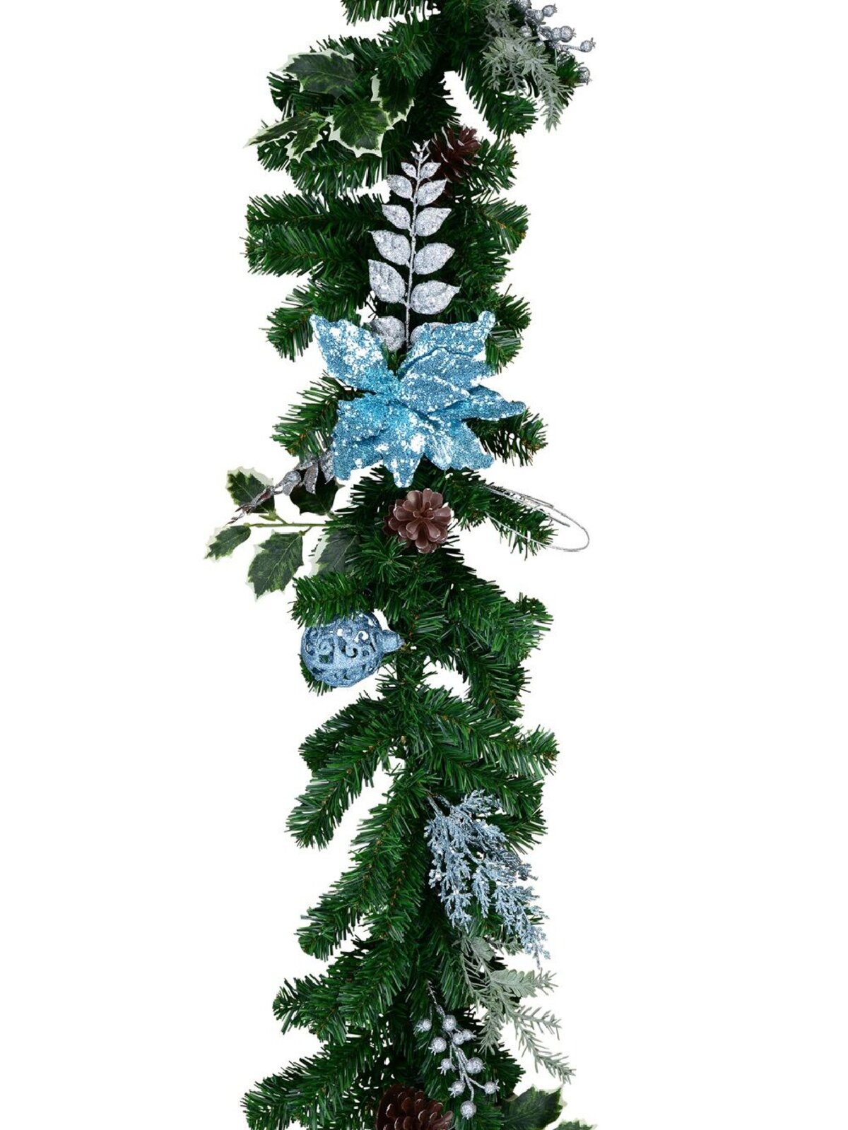 Pre-Decorated Blue Poinsettia, Pine Cone, Foliage & Baubles Pine Garland - 2.7m
