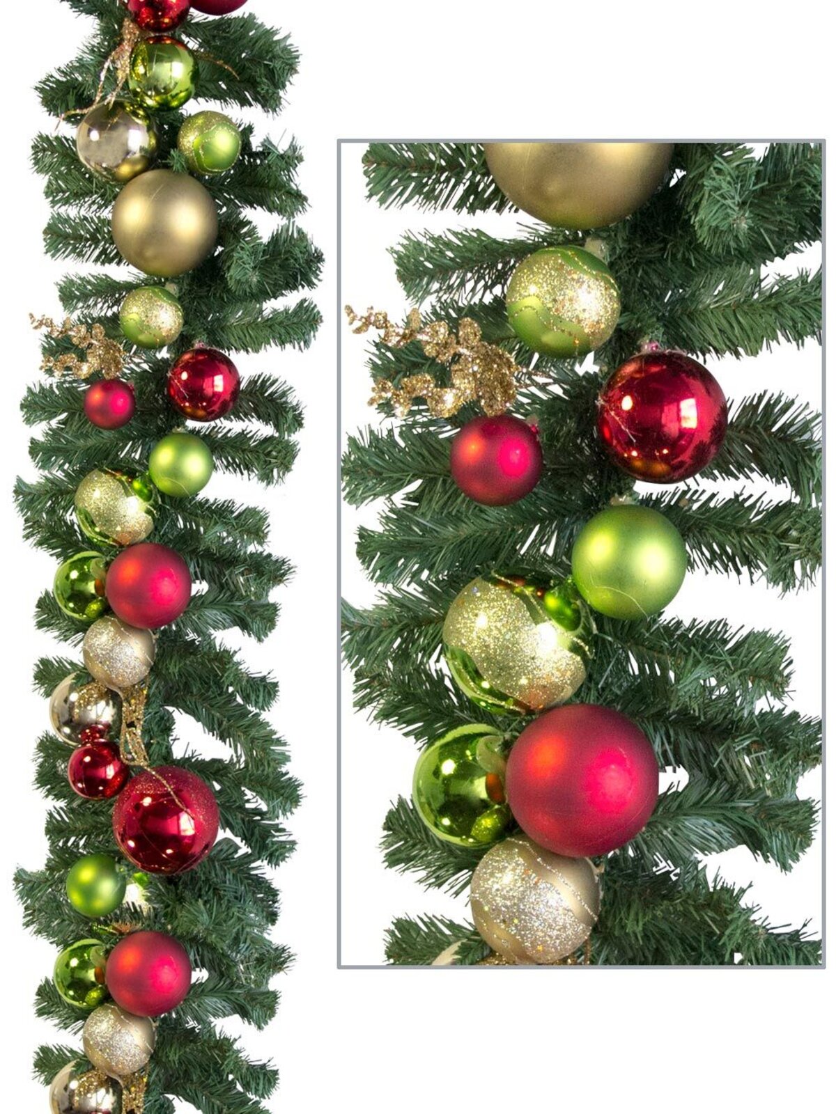 Pre-Decorated Red, Green & Gold Bauble & Pine Garland - 2.7m