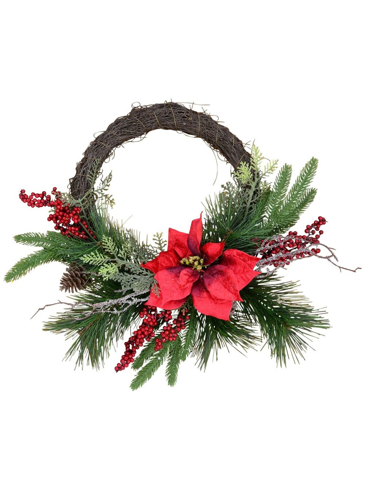 Pre-Decorated Wire Spun Wreath With Mixed Foliage & Red Poinsettia - 58cm