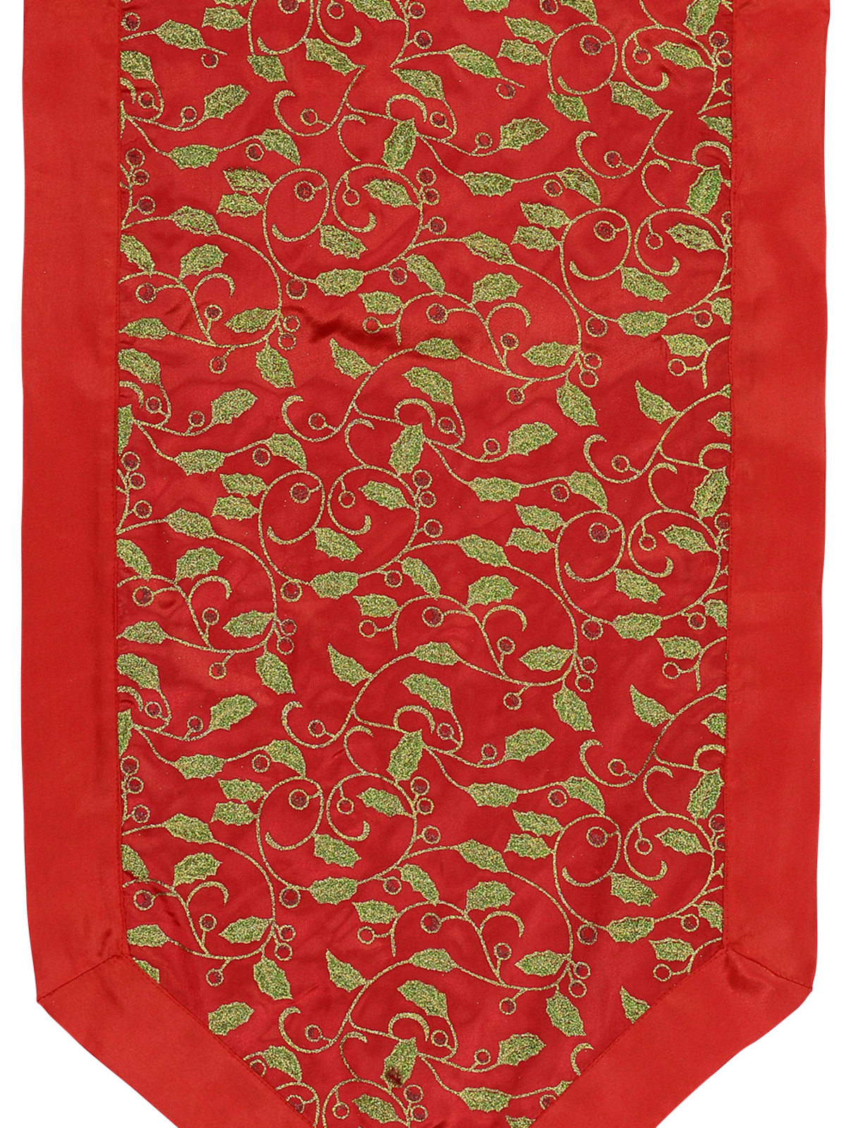 Red Christmas Table Runner With Green Holly Leaf Design &amp; Gold Tassel - 1.4m