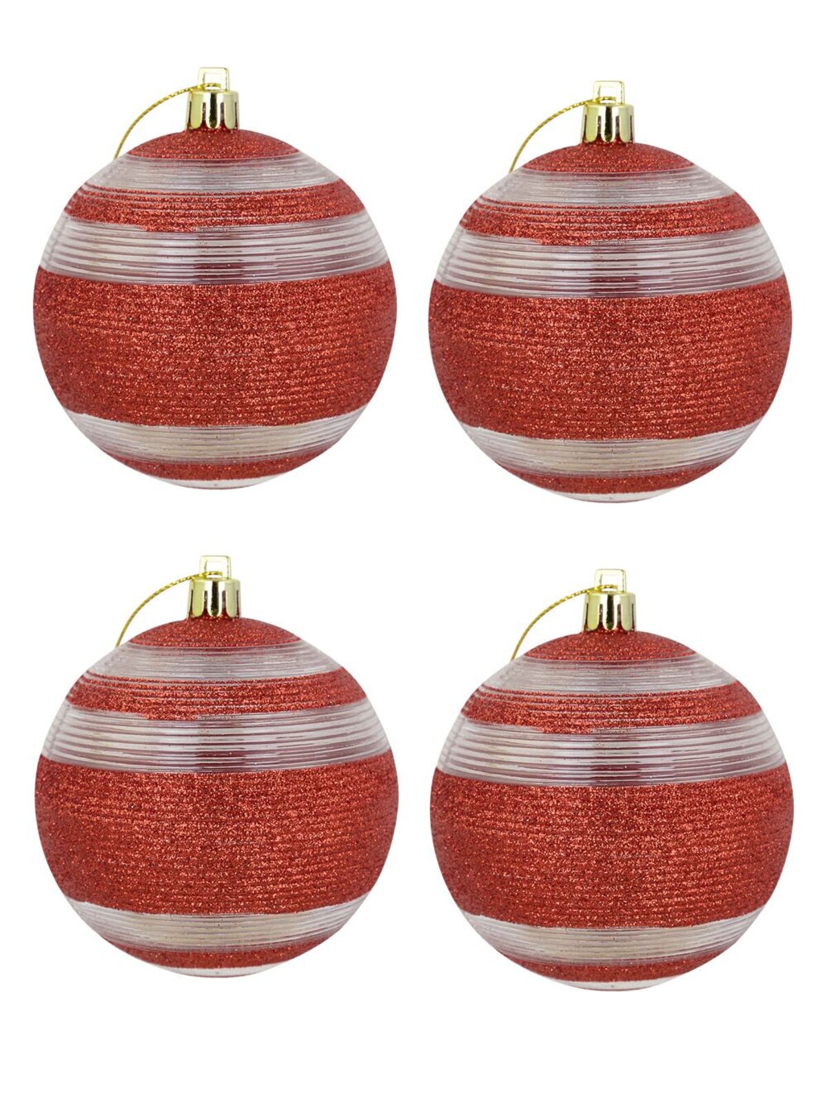 Red Glitter Baubles With Clear Lined Trim - 4 x 80mm
