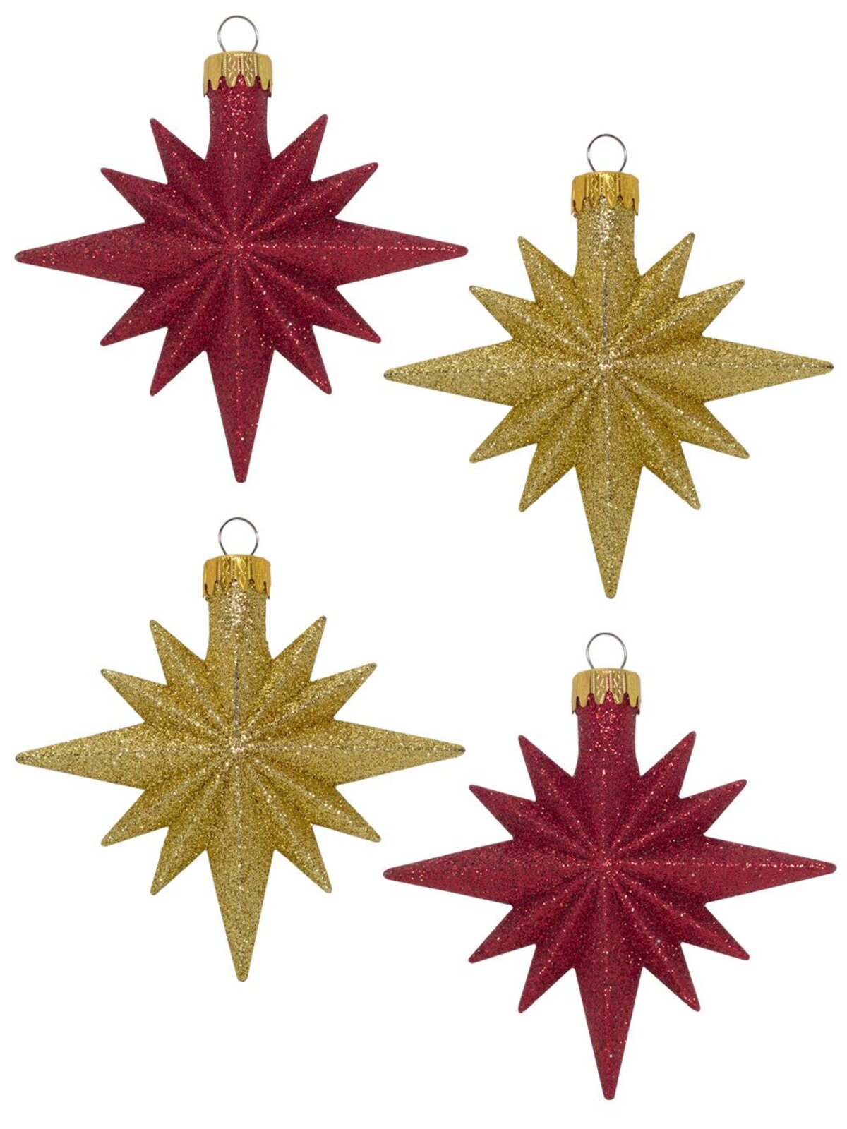 Red & Gold Glittered 12 Point Star Decorations - 4 x 11cm