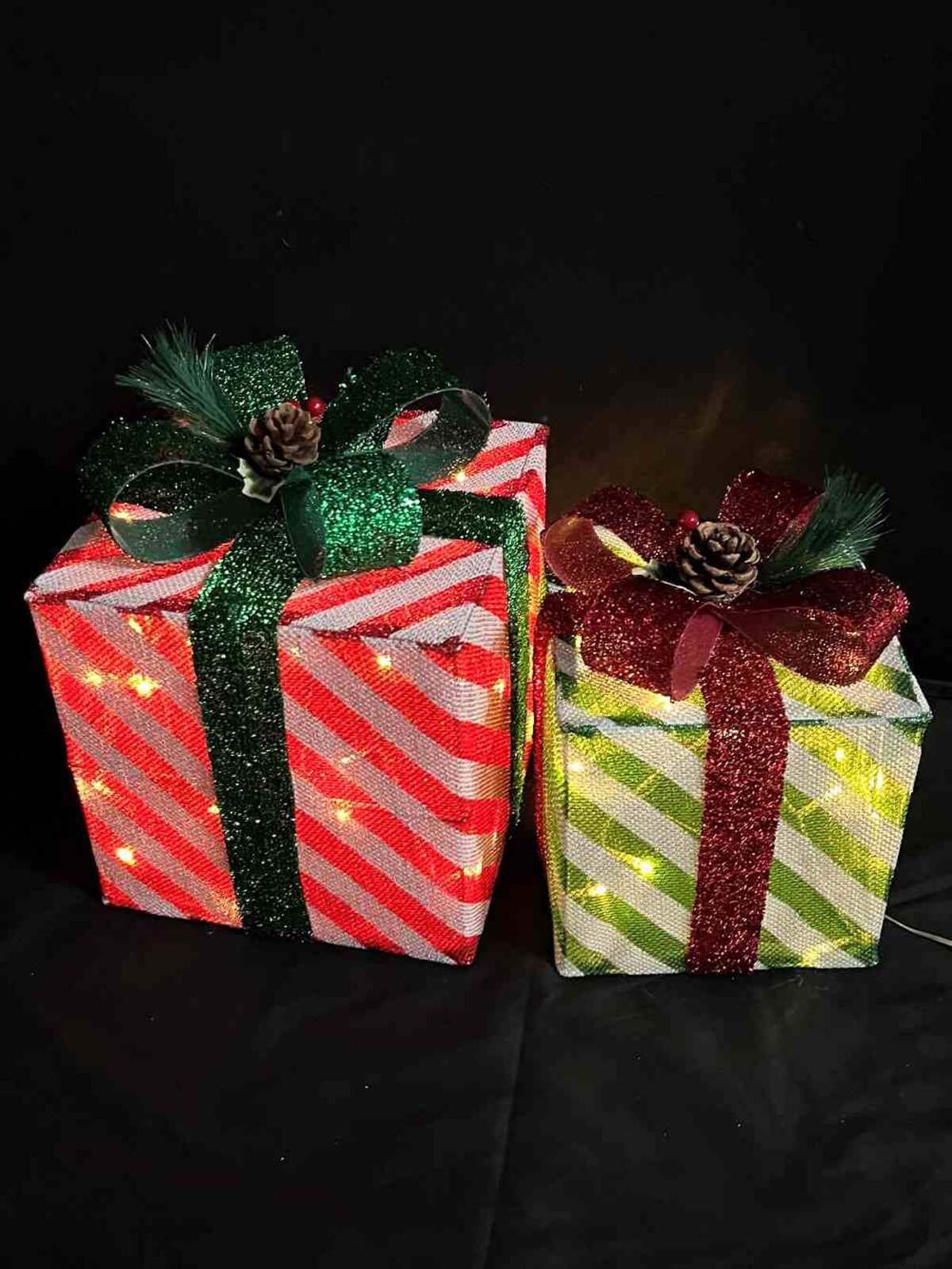 Red, Green & White Stripe Mesh 3D Gift Boxes With Warm White Lights - 30cm
