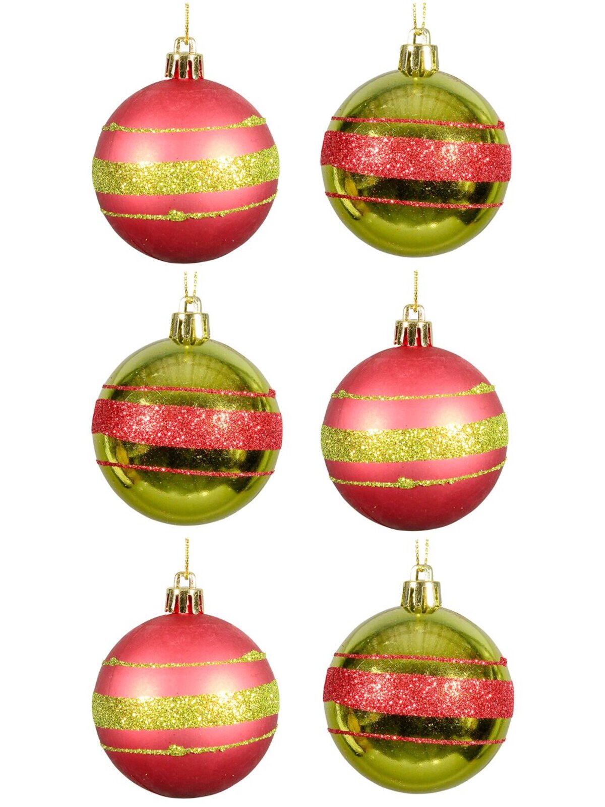 Red Matte & Green Metallic With Glitter Stripes Christmas Baubles - 6 x 60mm