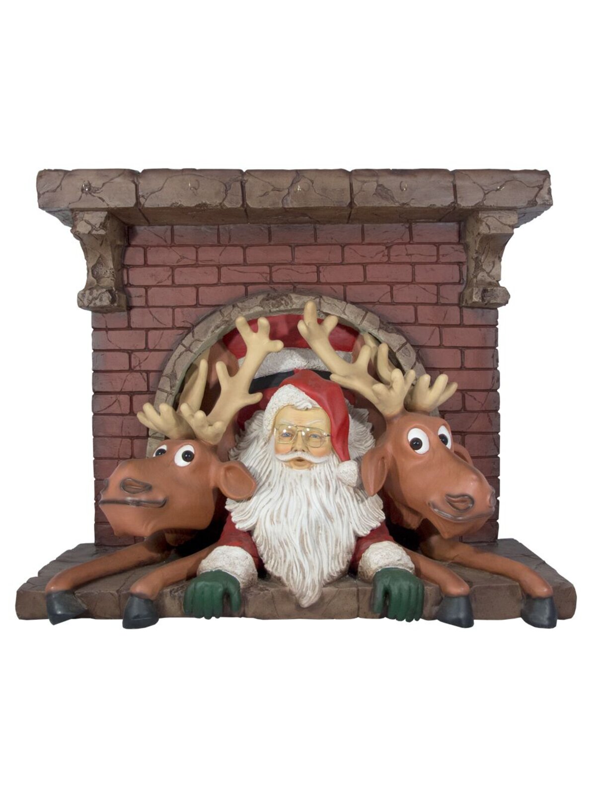 Resin Santa & Reindeer Squeezing Out Of Fireplace Decor - 1.1m
