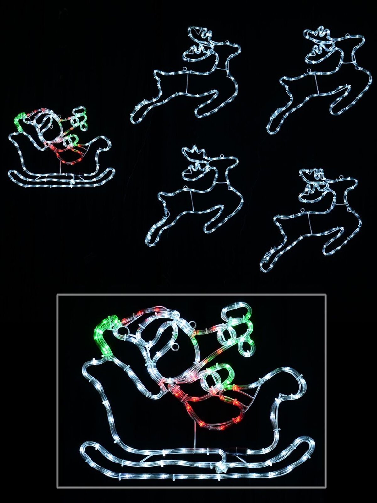 Santa Claus In Sleigh With 4 Reindeers Rope Light Silhouette - Up to 5.5m
