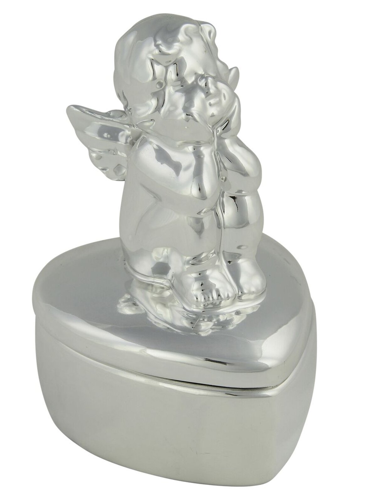 Silver Cupid On Heart Shaped Box Keepsake Ceramic Christmas Ornament - 13cm