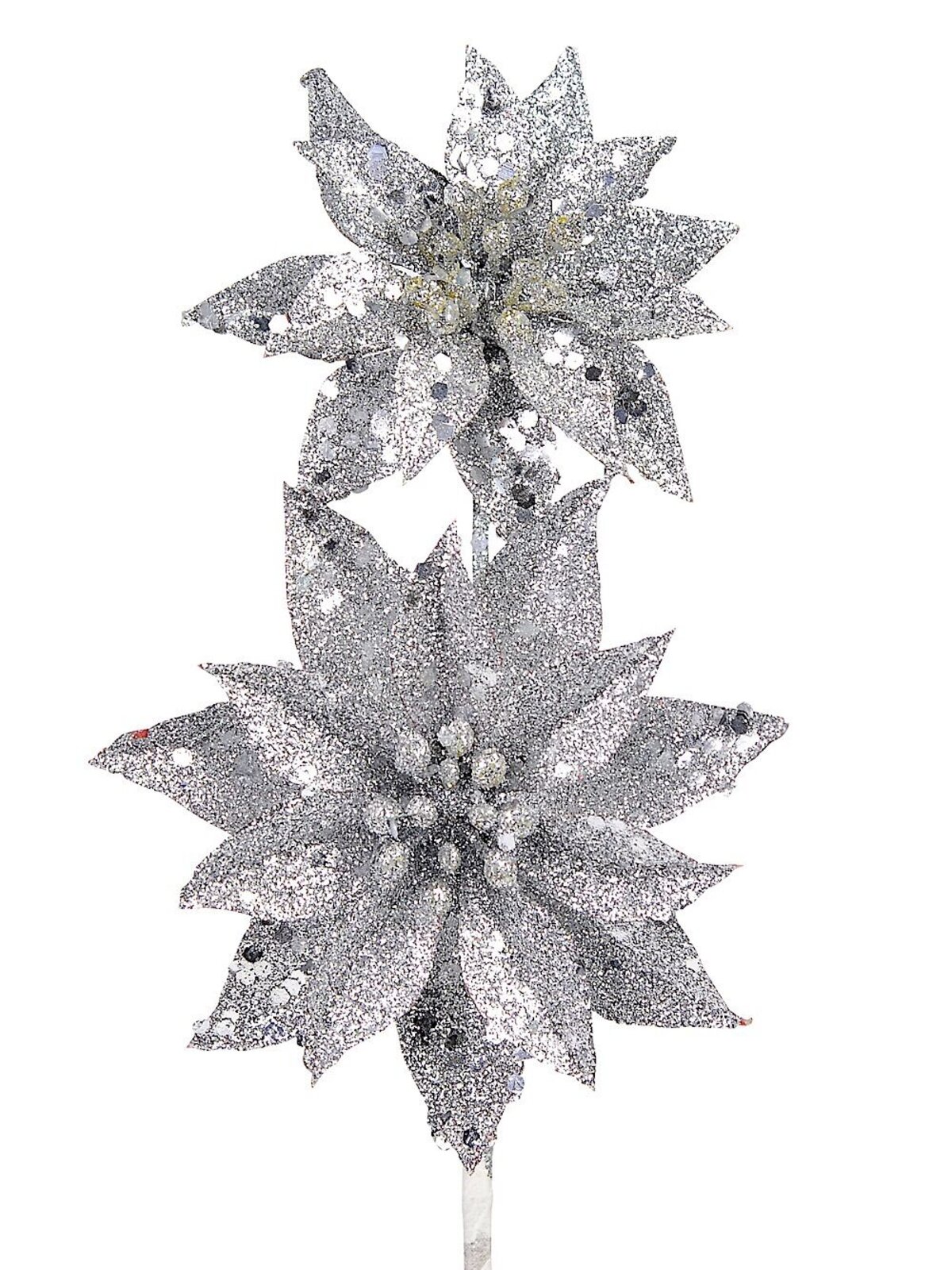 Silver Glitter Poinsettia Pick With 2 Flowers On Single Stem - 30cm