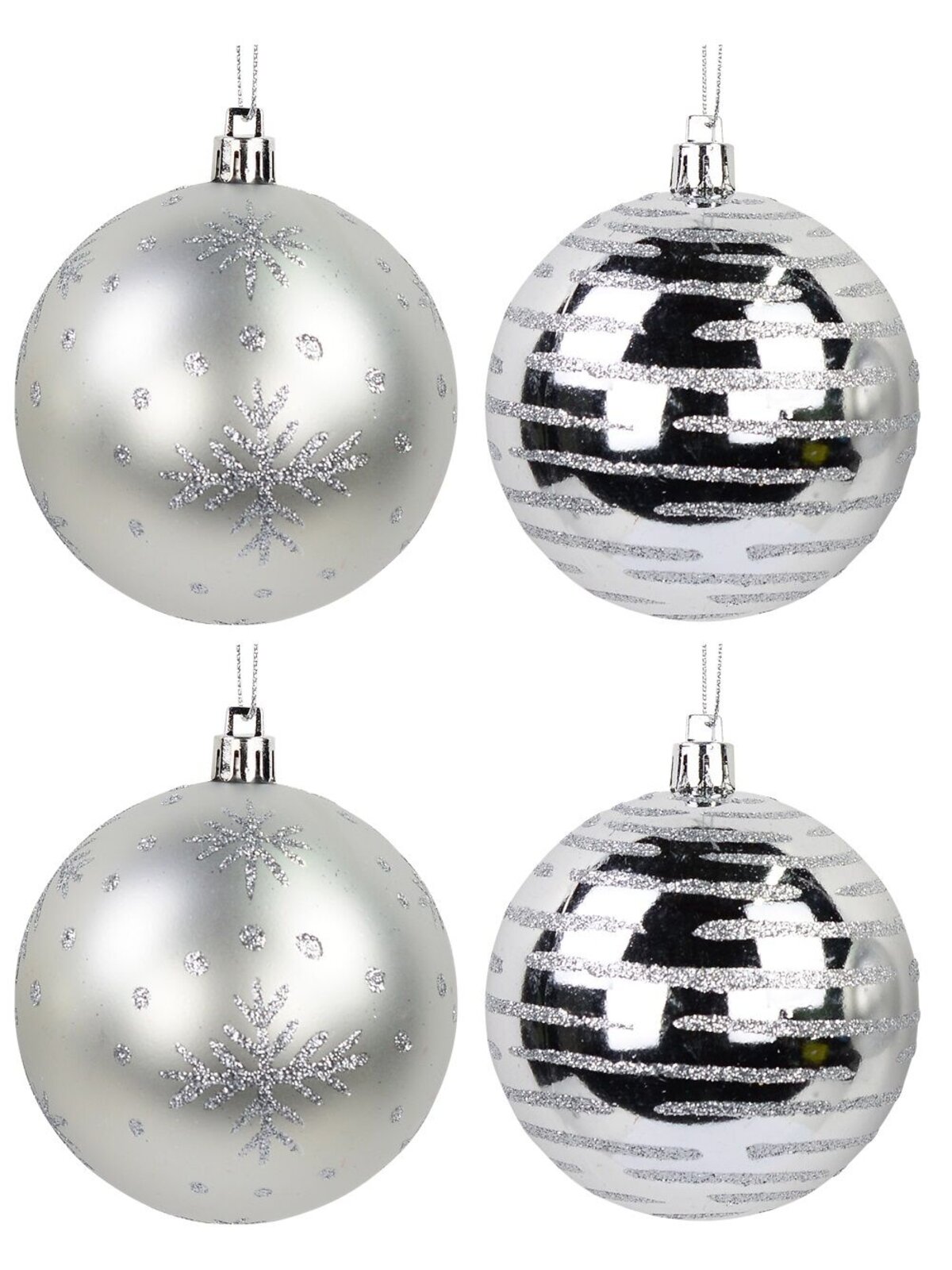 Silver Gloss & Matte Baubles With Glitter Lines & Snowflakes Print - 8 x 80mm