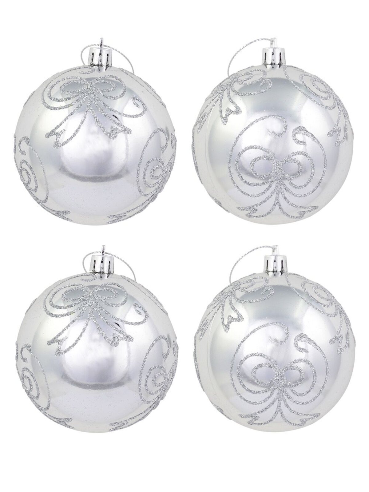Silver Metallic Baubles With Silver Glitter Bow Design - 4 x 80mm