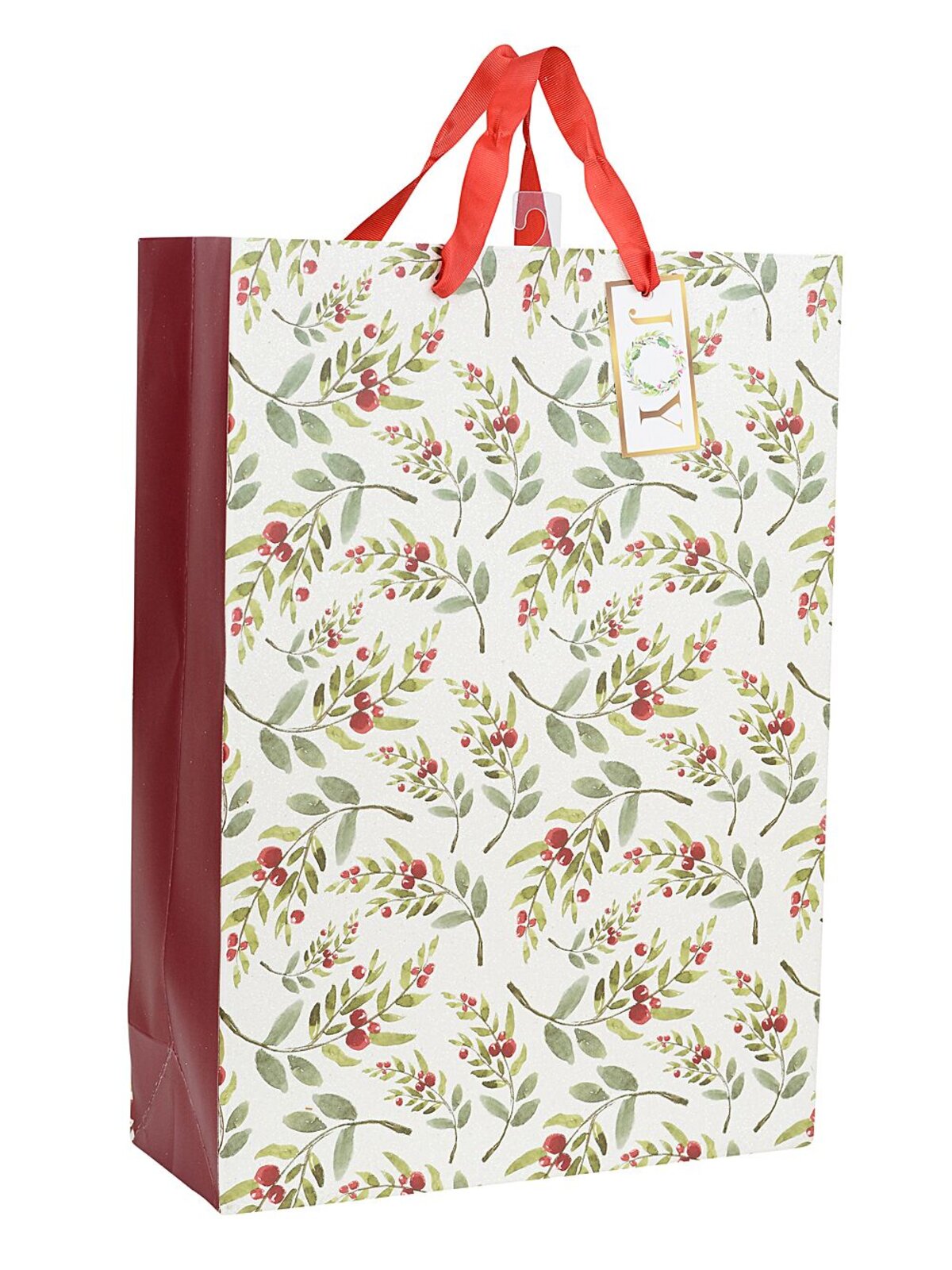 Small Ivory Christmas Berry Branch Gift Bag With Glitter | 23cm
