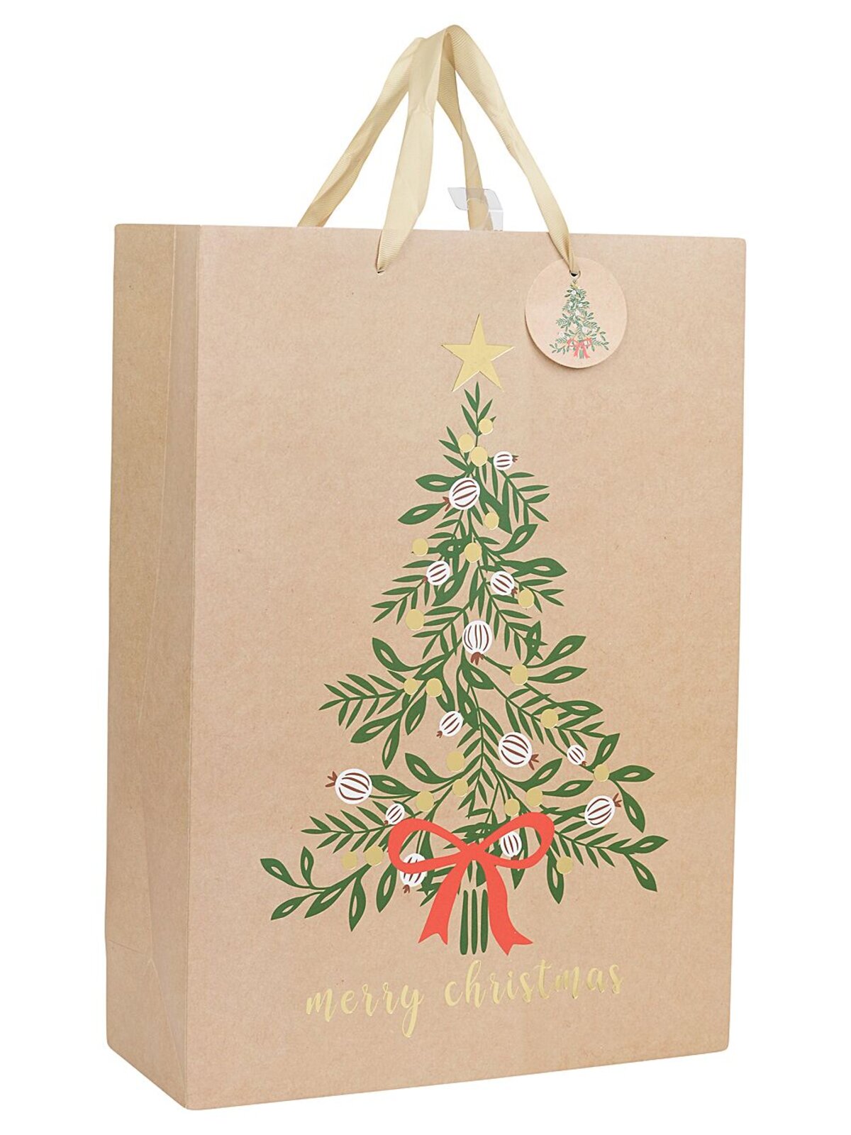 Small Natural Kraft Look Gift Bag With Decorated Christmas Tree Print