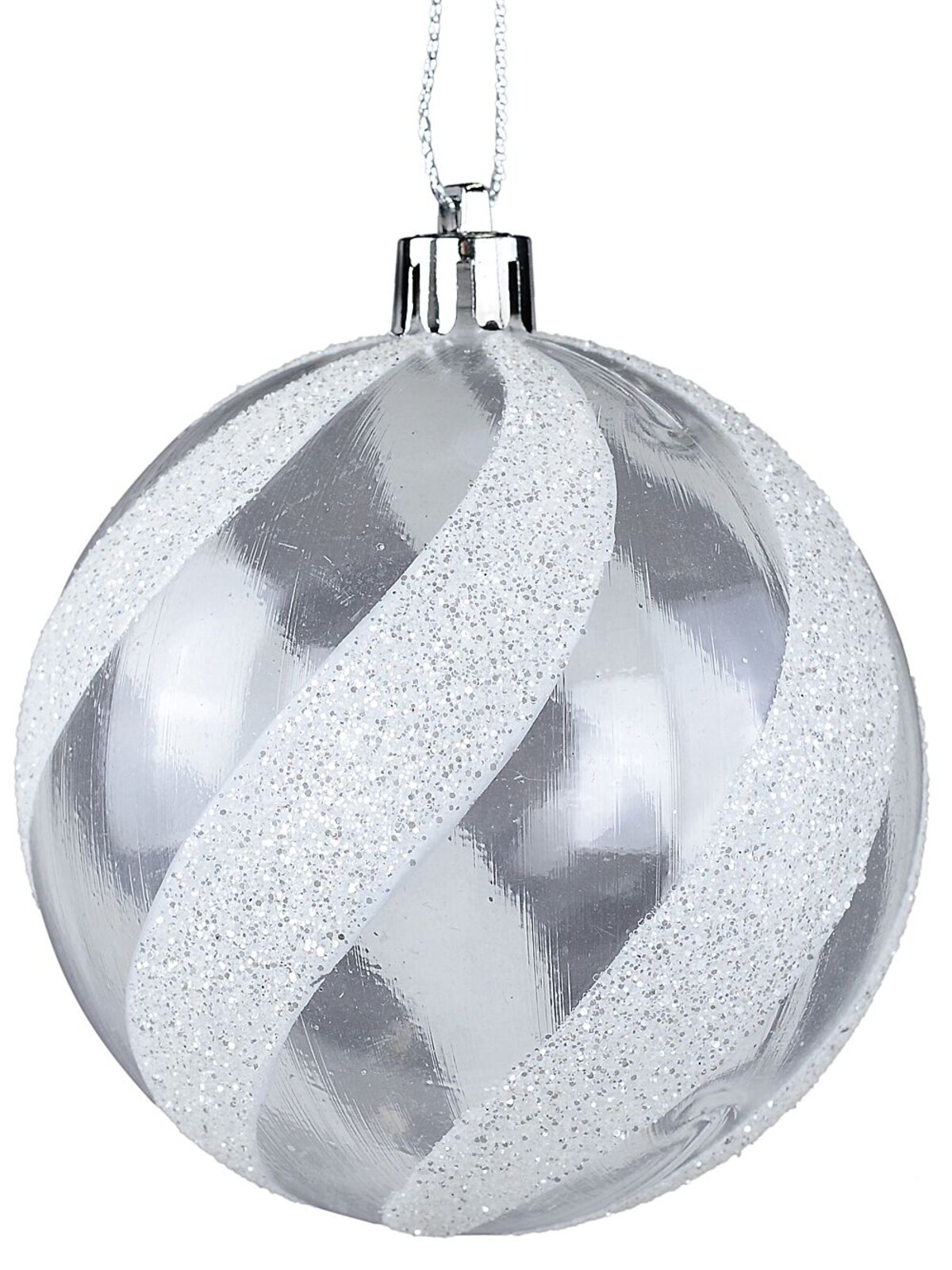 White & Clear Whimsical Glitter Candy Swirl Bauble | 80mm