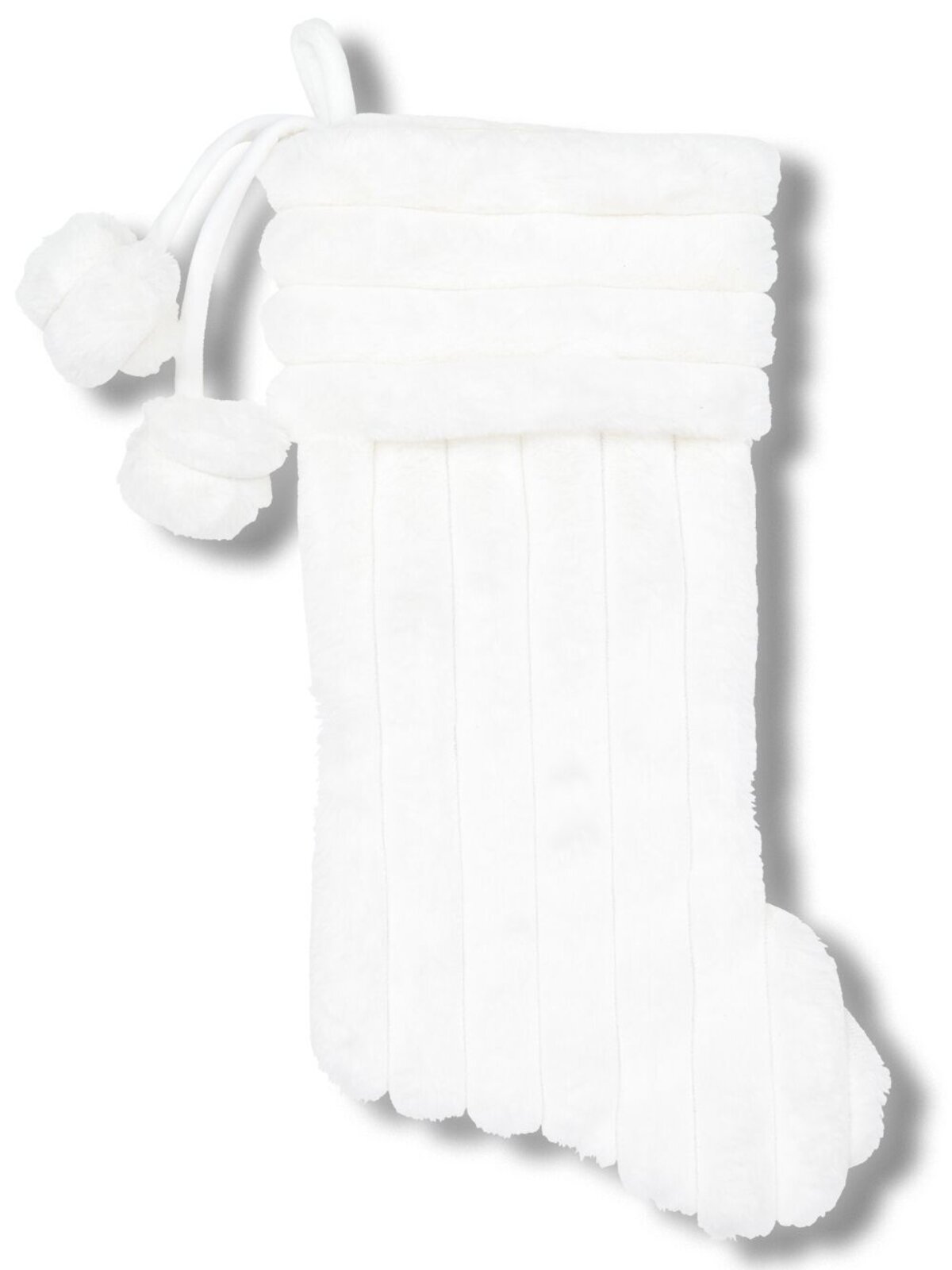 White Faux Fur Ribbed Stocking With Pom Poms | 48cm