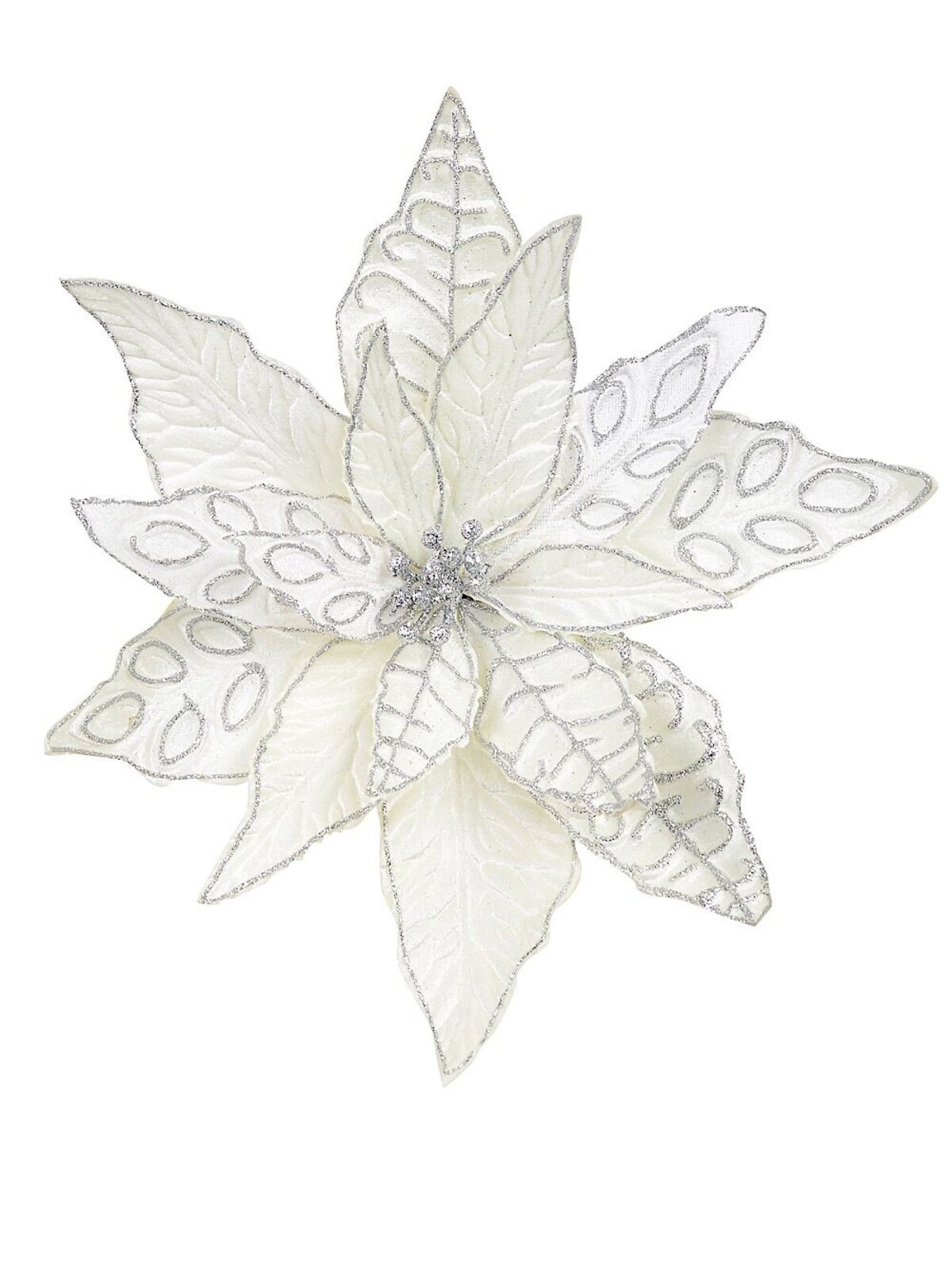 White & Silver Trim Poinsettia Pick With Clip - 29cm