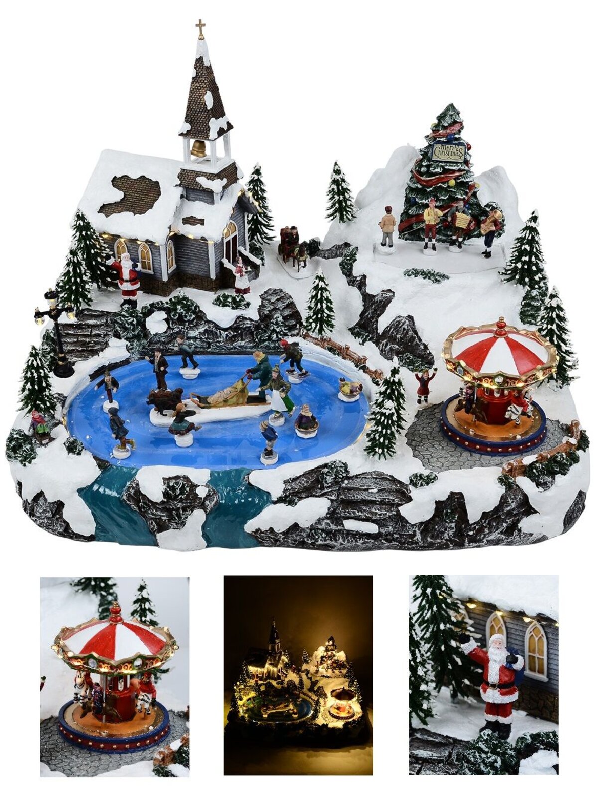 Winter Pond Fun Christmas Village Scene With Church, Carousel & Band - 60cm