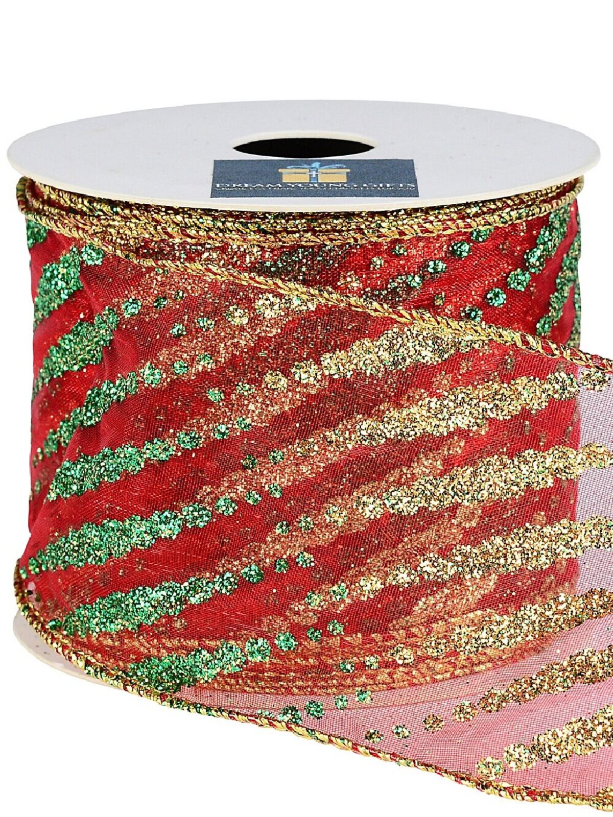 Wired Red Sheer Christmas Ribbon Gold & Green Tapered Lines | 9m x 63mm