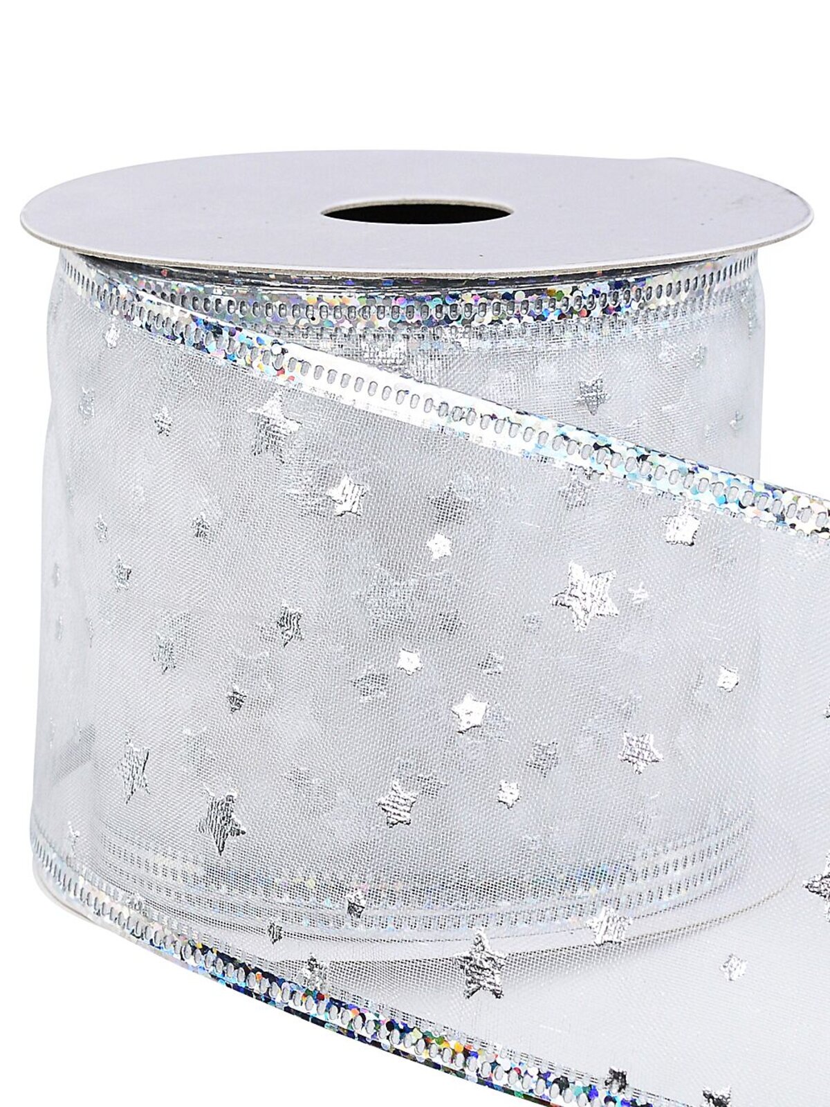 Wired White Sheer Christmas Ribbon With Metallic Silver Stars | 3m x 63mm