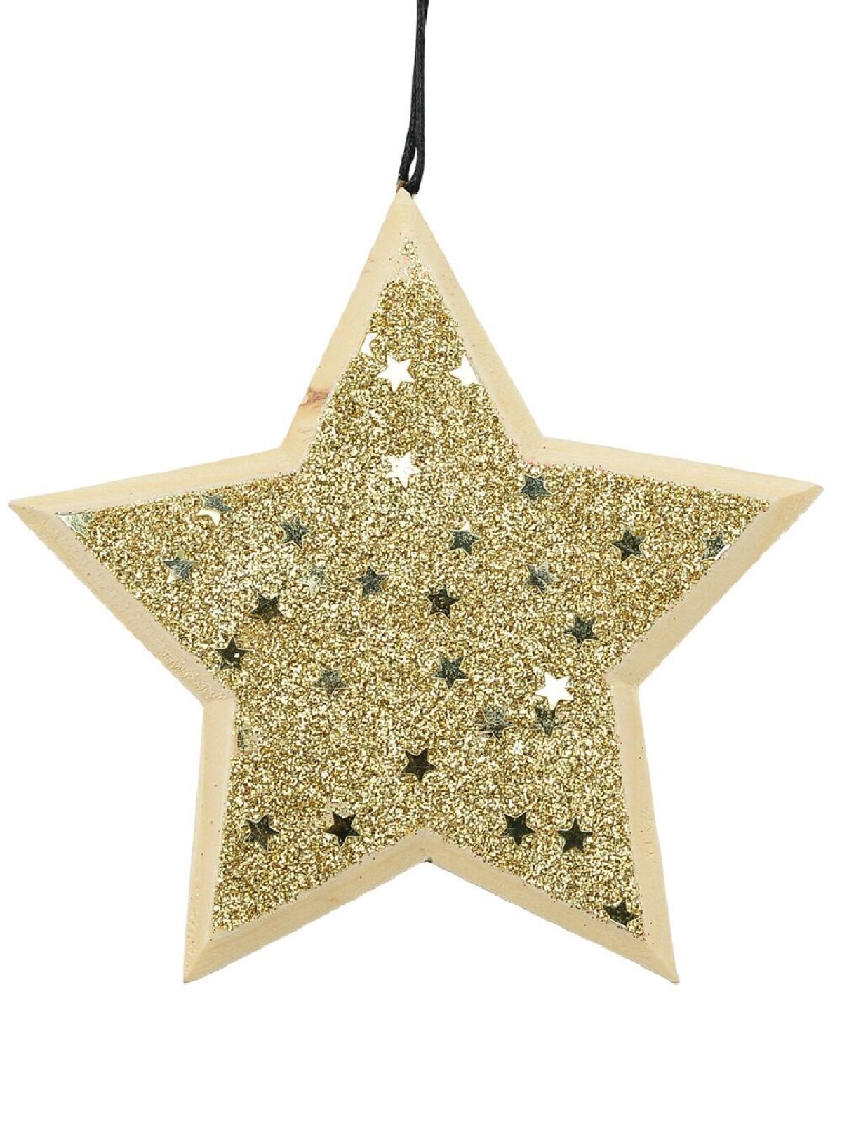 Wood Star With Gold Glitter & Stars Christmas Tree Hanging Decoration - 12cm