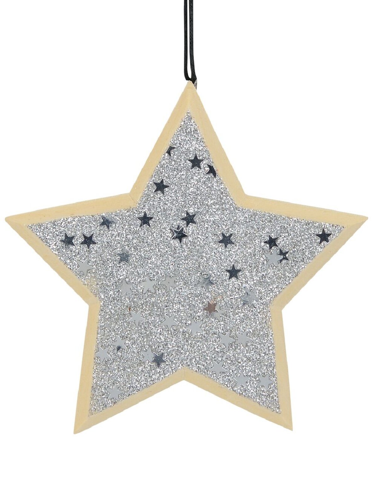 Wood Star With Silver Glitter & Stars Christmas Tree Hanging Decoration - 12cm